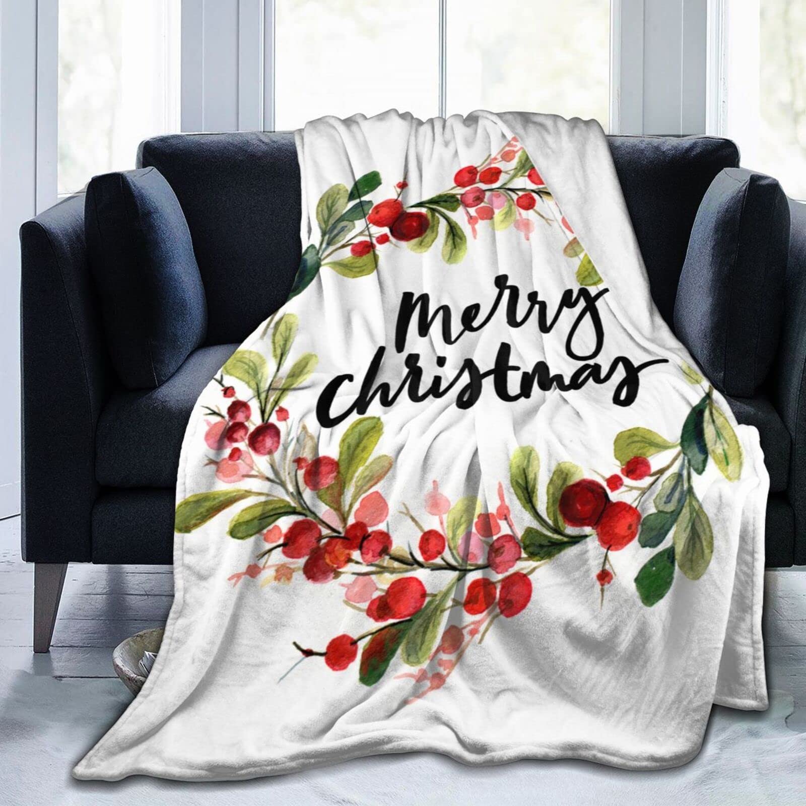 Berry Wreath Christmas Fleece Blanket - 50x60 Inch Soft Cozy Flannel Throw for Couch, Bed & Sofa - Luxury Winter Blanket for Holiday Decor, Gift Giving & Cozy Nights
