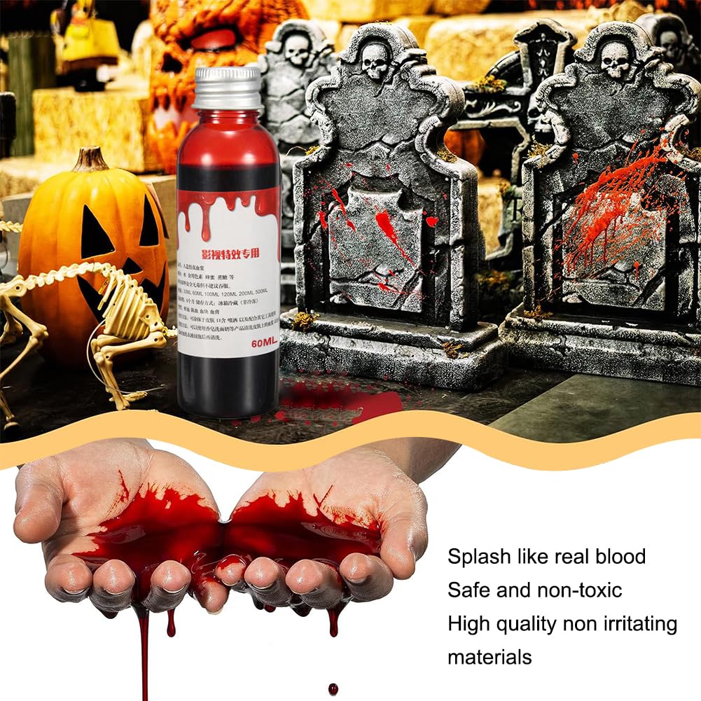 60ml Fake Blood for Halloween - Washable Artificial Blood for Zombie Makeup, Costume Parties & Carnival - Realistic SFX Blood for Scary Halloween Props & Theater Effects
