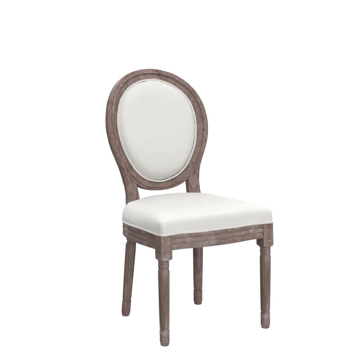 French Country Farmhouse Dining Chairs - Set of 2 Distressed Round Back Accent Chairs with Fabric Upholstery in Beige | Perfect for Kitchen, Dining Room & Bedroom Decor