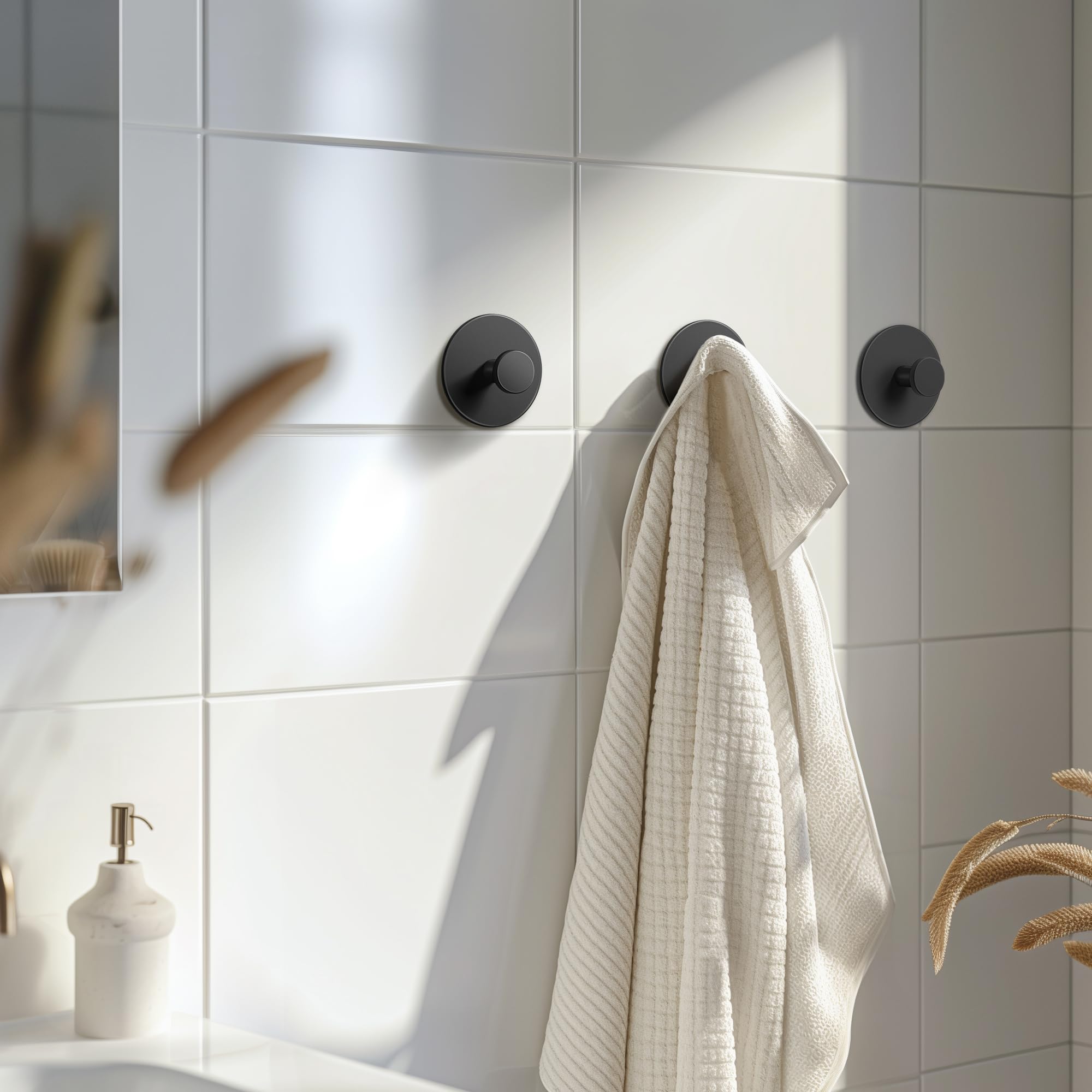 Stainless Steel Adhesive Bathroom Towel Hooks - Heavy Duty Wall Hooks Holds 12lbs, Multi-Purpose Coat Hangers for Shower, Kitchen & Bedroom Organization - Matte Black Space-Saving Home Accessories