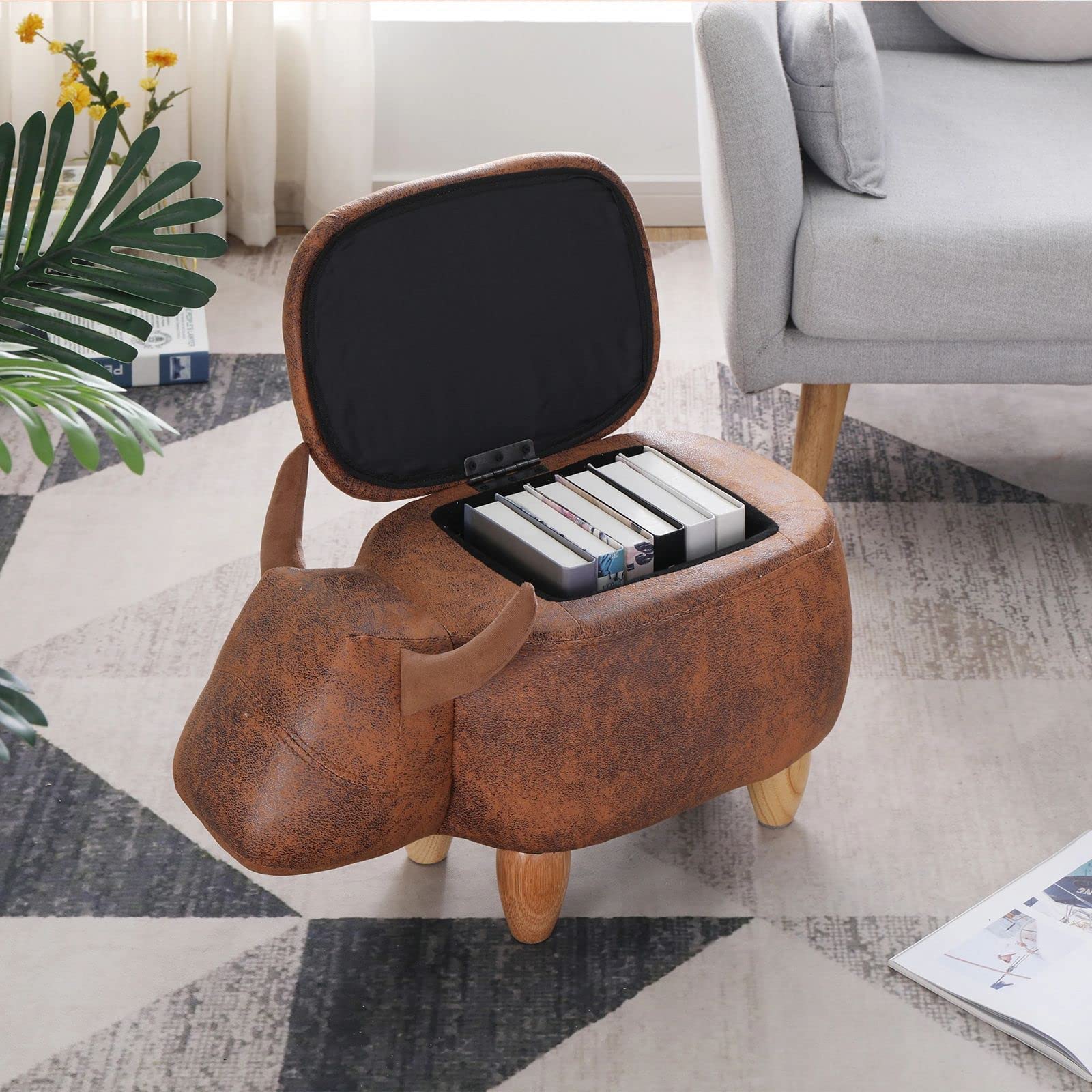 TYMMC Cow Print Upholstered Storage Ottoman Stool - Durable Solid Wood Legs, Multi-Purpose Footrest and Seat for Living Room, Bedroom & Office - Decorative Animal-Themed Furniture with Hidden Storage Space (Brown)