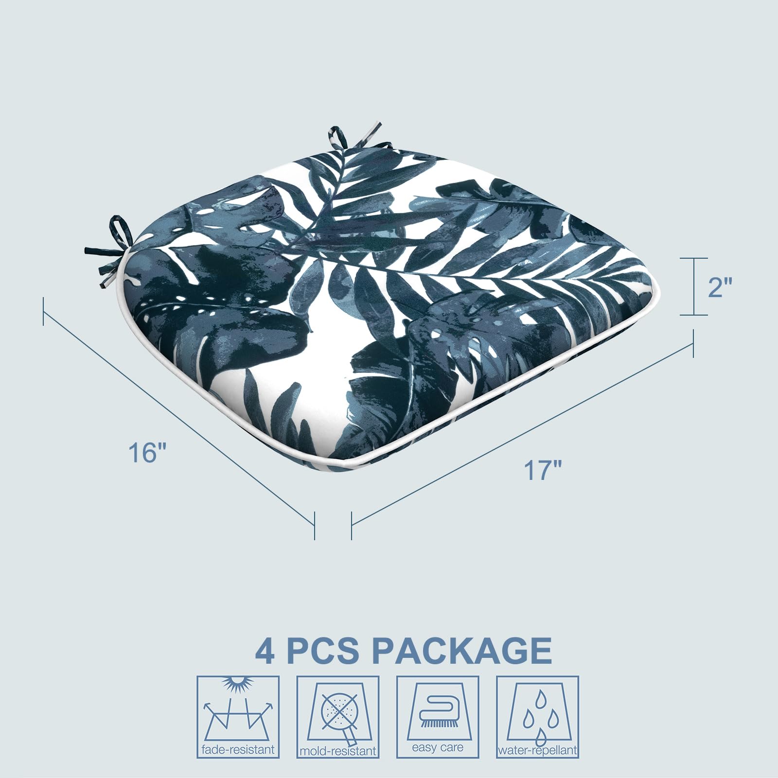 **LVTXIII 16x17 Inch Indoor/Outdoor Chair Cushions with Ties - Set of 4, Water-Resistant Patio Seat Pads for Garden, Deck, Balcony & Home Office - Palm Blue Design**    *(Perfect for outdoor lounging, backyard relaxation, or stylish home office seating!)*