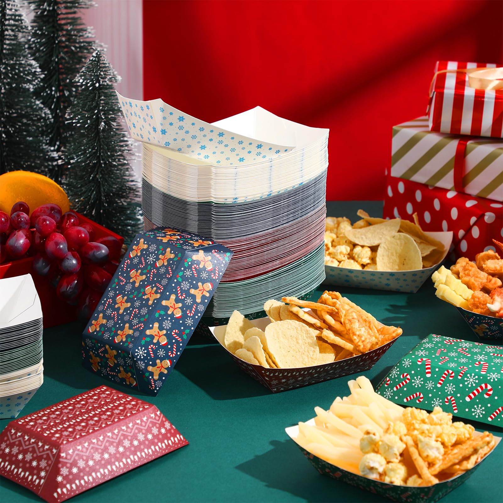 Fulmoon 100-Piece Disposable Christmas Food Serving Boats - 2Lb Paper Nacho Trays, Taco Boats & Hot Dog Containers for Holiday Parties (4 Styles) | Perfect for Christmas Buffets, Game Day Snacks & Party Appetizers