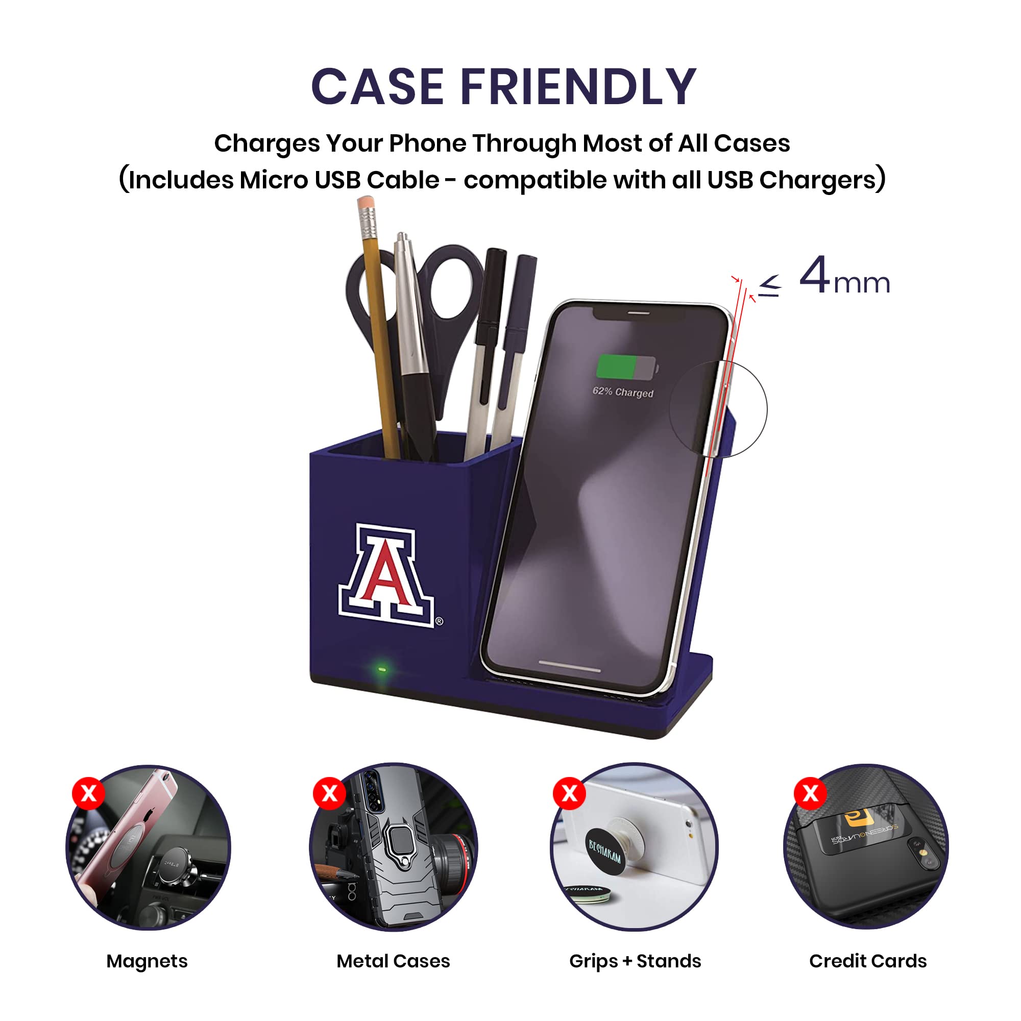 SOAR NCAA Unisex Wireless Charging Stand & Desktop Organizer - Fast Qi Charger for iPhone, Samsung, AirPods - Perfect for Office, Home & Dorm Room Organization