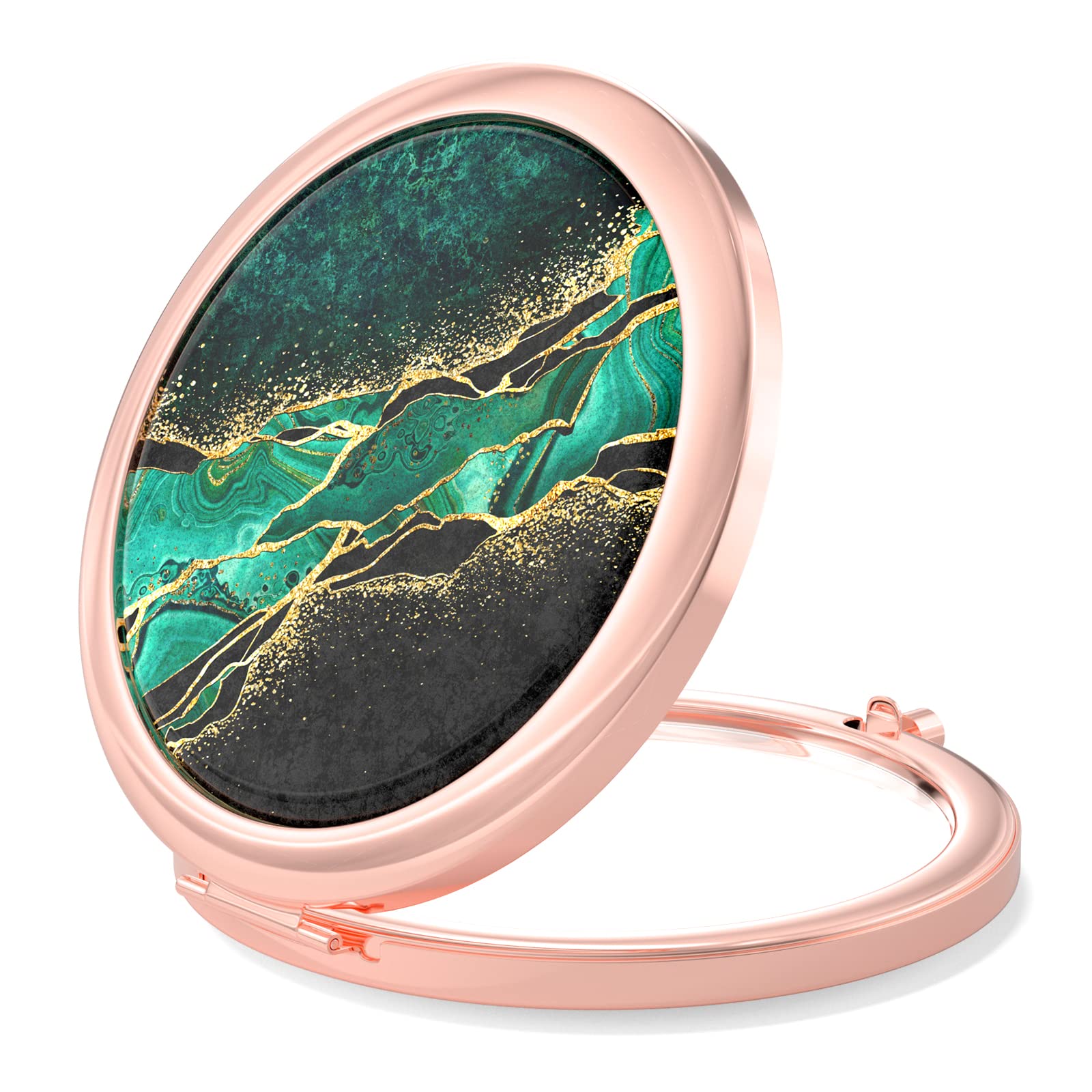 Nipichsha Compact Travel Mirror 2X/1X Magnification - Rose Gold Dark Green Marble for Purses & Makeup On-the-Go