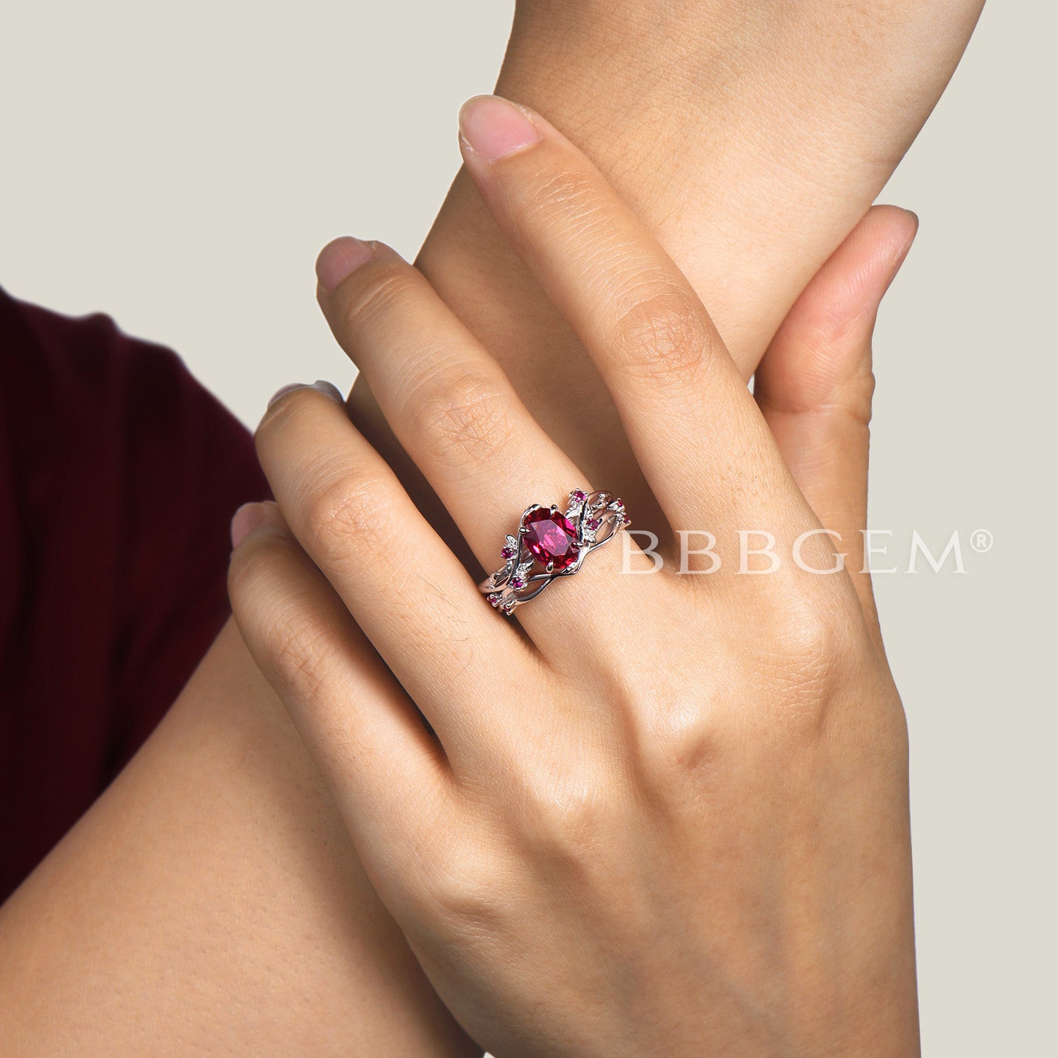 Natural Oval Red Ruby Engagement Ring & Leaf Wedding Band Set - Vintage Inspired Jewelry for Proposals, Anniversaries & Romantic Occasions