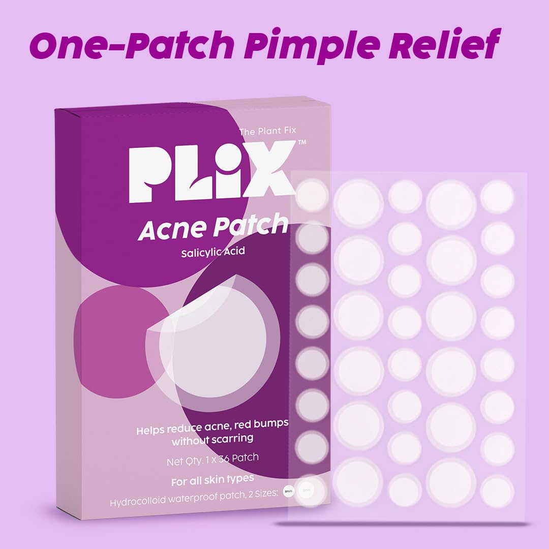 PLIX - THE PLANT FIX Acne Patches with 0.5% Salicylic Acid | Transparent, Waterproof & Ultra-Thin Hydrocolloid Pimple Patches for Clear Skin | 36 Count (2 Sizes) | Perfect for Overnight Spot Treatment & Daily Acne Care