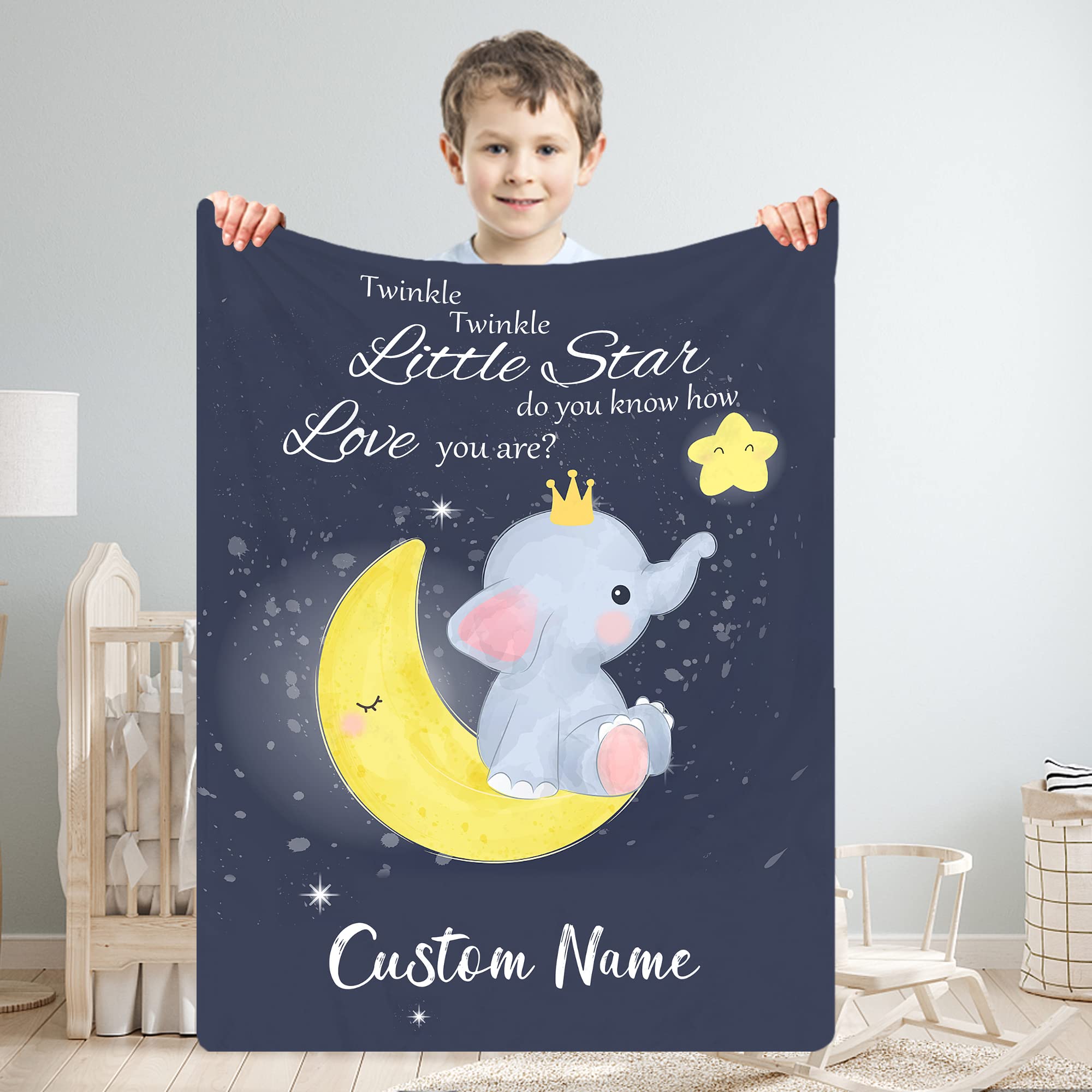 Personalized Baby Blanket with Name - Custom Twinkle Little Star Elephant Design for Boys & Girls | Soft Nursery, Stroller & Receiving Blanket | Perfect Baby Shower Gift for Newborns | Ideal for Cribs, Swaddling & Photo Props