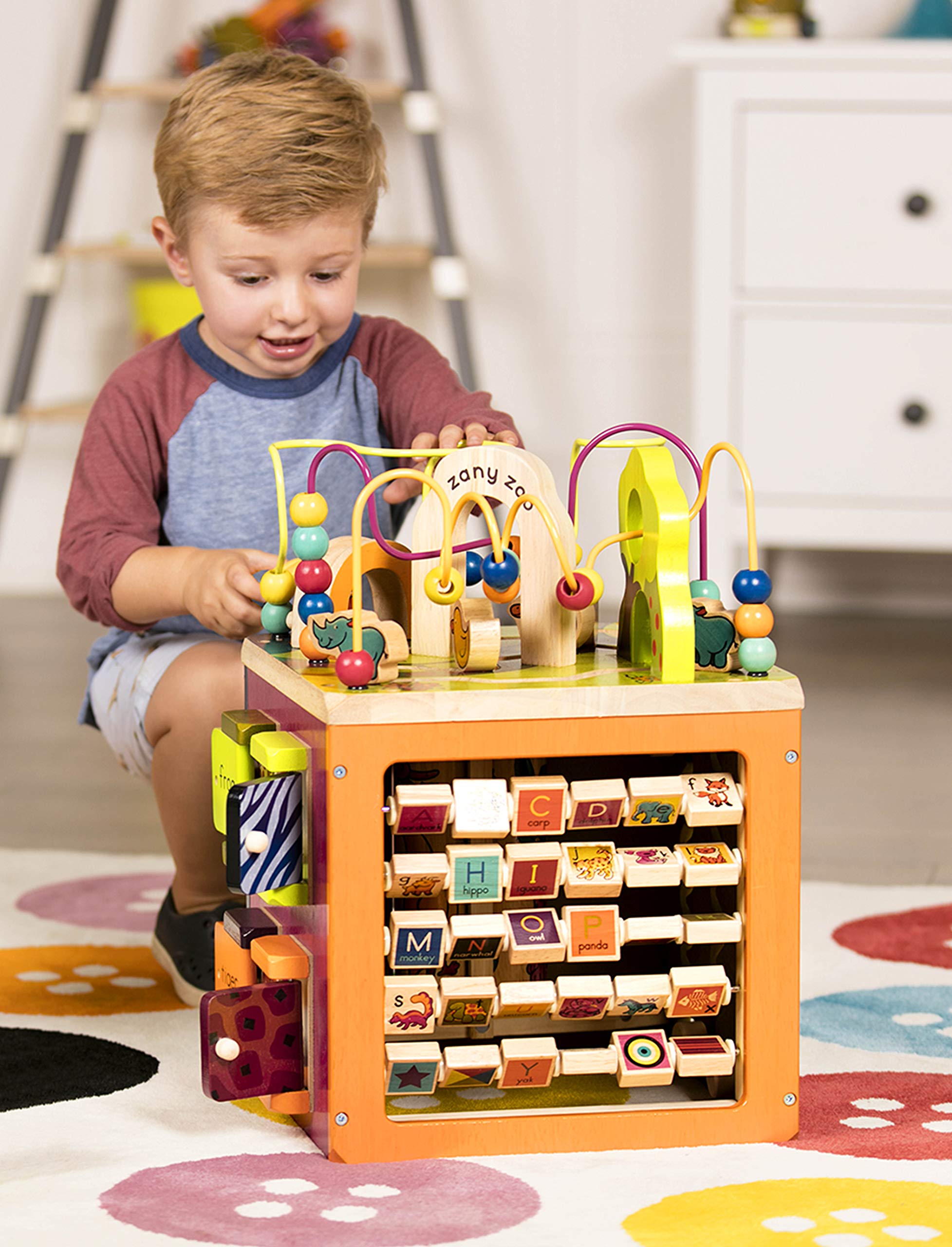 B. Toys Zany Zoo Wooden Activity Cube - Alphabet Learning Center for Toddlers & Kids 1 Year+ - Educational Wooden Toy for Early Childhood Development - Perfect for Playtime, Preschool Learning & Montessori Activities