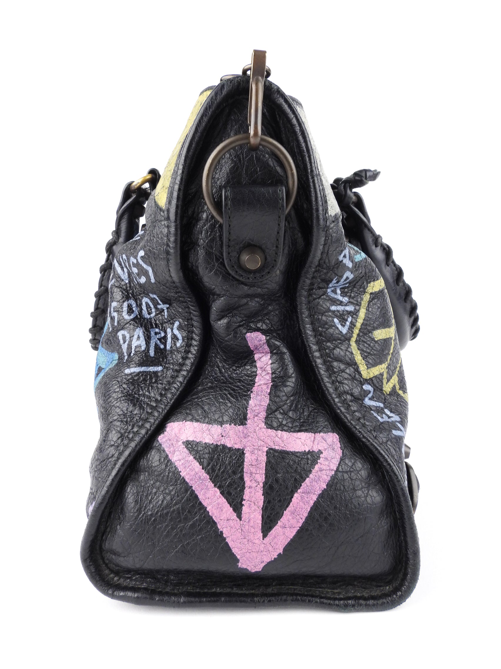 Balenciaga Black Graffiti Print Leather Moto Classic Two-Way City Bag for Women - Stylish Crossbody & Shoulder Bag for Daily Use, Work, Travel and Night Out