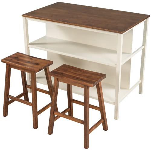 Kitchen Island Set with Table & 2 Stools - 2-Tier Open Shelves & Spacious Tabletop - Space-Saving Dining Table Chair Set for Small Kitchens, Apartments & Breakfast Nooks