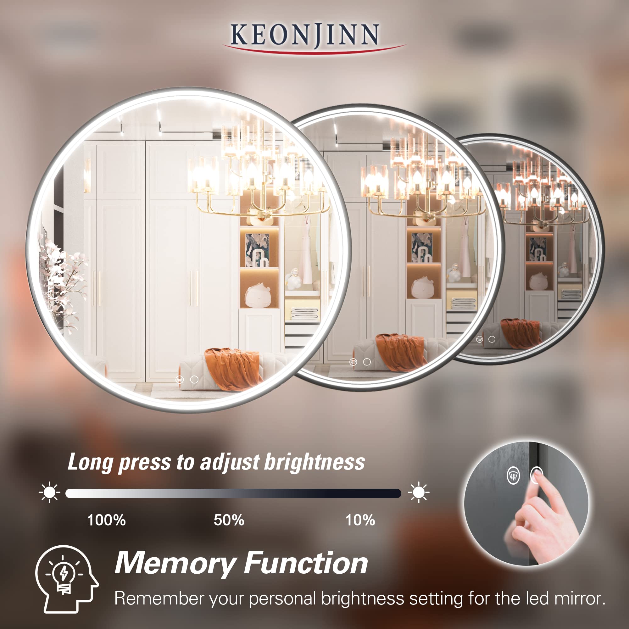 Keonjinn 24 Inch Round LED Bathroom Mirror with Dimmable Frontlit Lights - Black Metal Framed Wall Mirror with Defogging Function - 6000K White Light Vanity Makeup Mirror for Bathroom, Bedroom & Dressing Room
