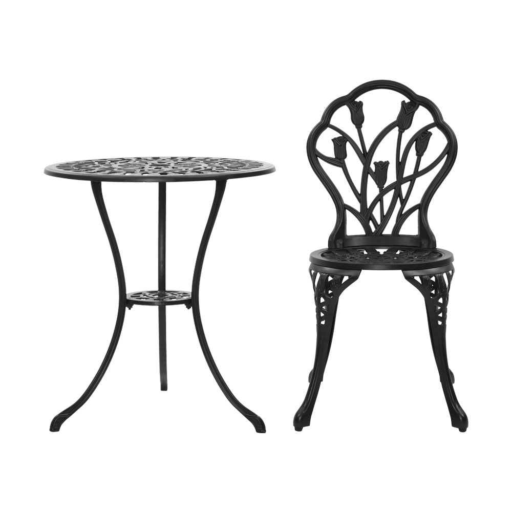 3-Piece Outdoor Bistro Set - Cast Aluminum Patio Table & Chairs in Tulip Black - Perfect for Garden, Balcony, and Small Space Dining
