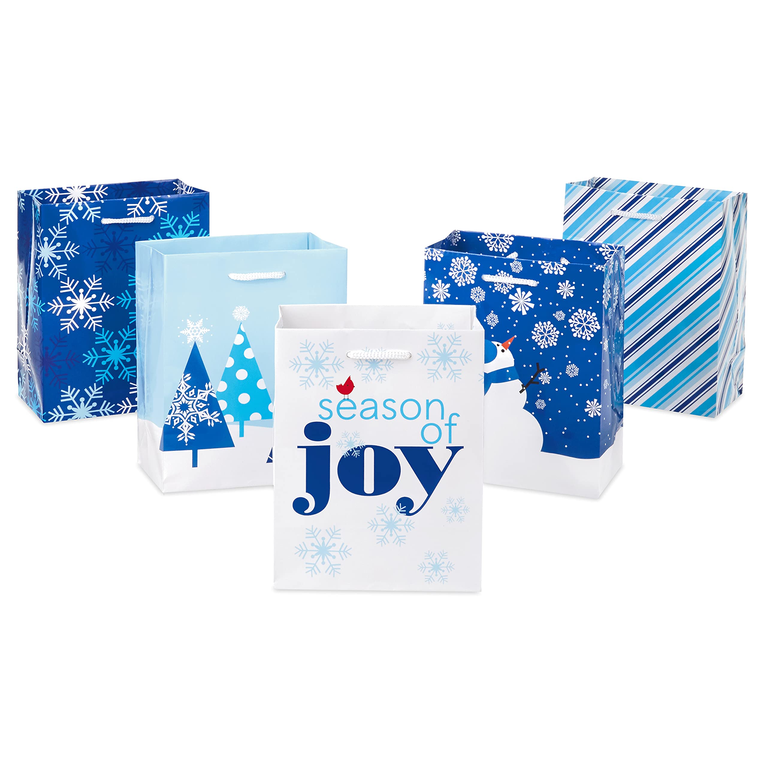 Hallmark 6 Inch Small Holiday Gift Bags - Pack of 5 Blue Winter Scenes, Stripes & Snow Designs - Perfect for Christmas Presents, Party Favors & Stocking Stuffers