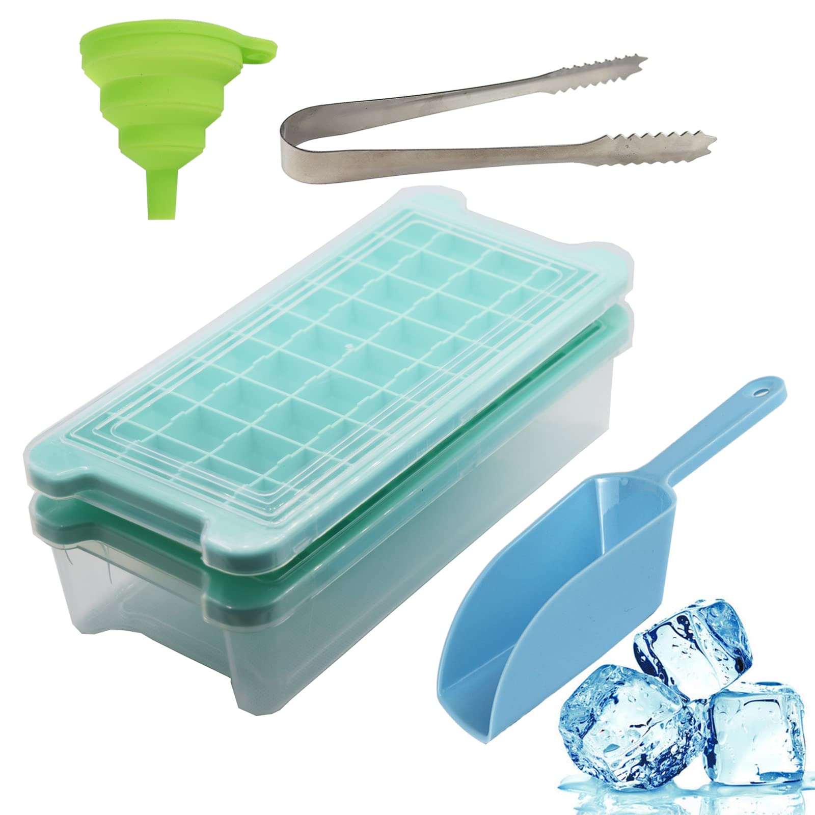 36 Nugget Food-Grade Silicone Ice Cube Tray with Lid & Storage Bin - Flexible Ice Mold Set Includes Scoop, Tongs & Silicone Funnel - Perfect for Cocktails, Smoothies & Party Drinks (Green, 2-Pack)