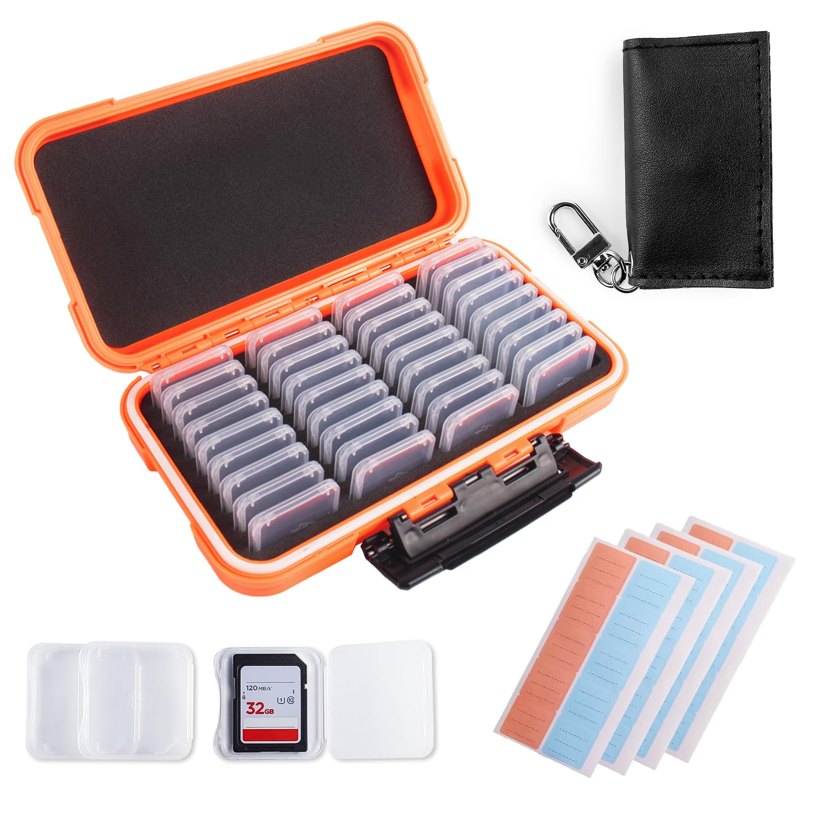 36-Slot Memory Card Holder Case with 40 Labels - Orange SD Card Storage Organizer for Camera, DSLR, GoPro - Durable Plastic Protector for SD, MicroSD, CF Cards (Perfect for Travel & Professional Photography)
