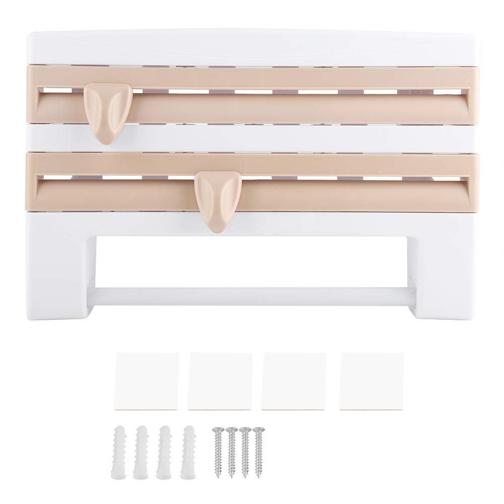 EVTSCAN Kitchen Cling Film Holder & Storage Rack - Multifunctional Kitchen Organizer for Plastic Wrap, Sauce Bottles & Paper Towels - Space Saving Wall Mount (Khaki) - Perfect for Pantry, Countertop & Small Kitchen Organization