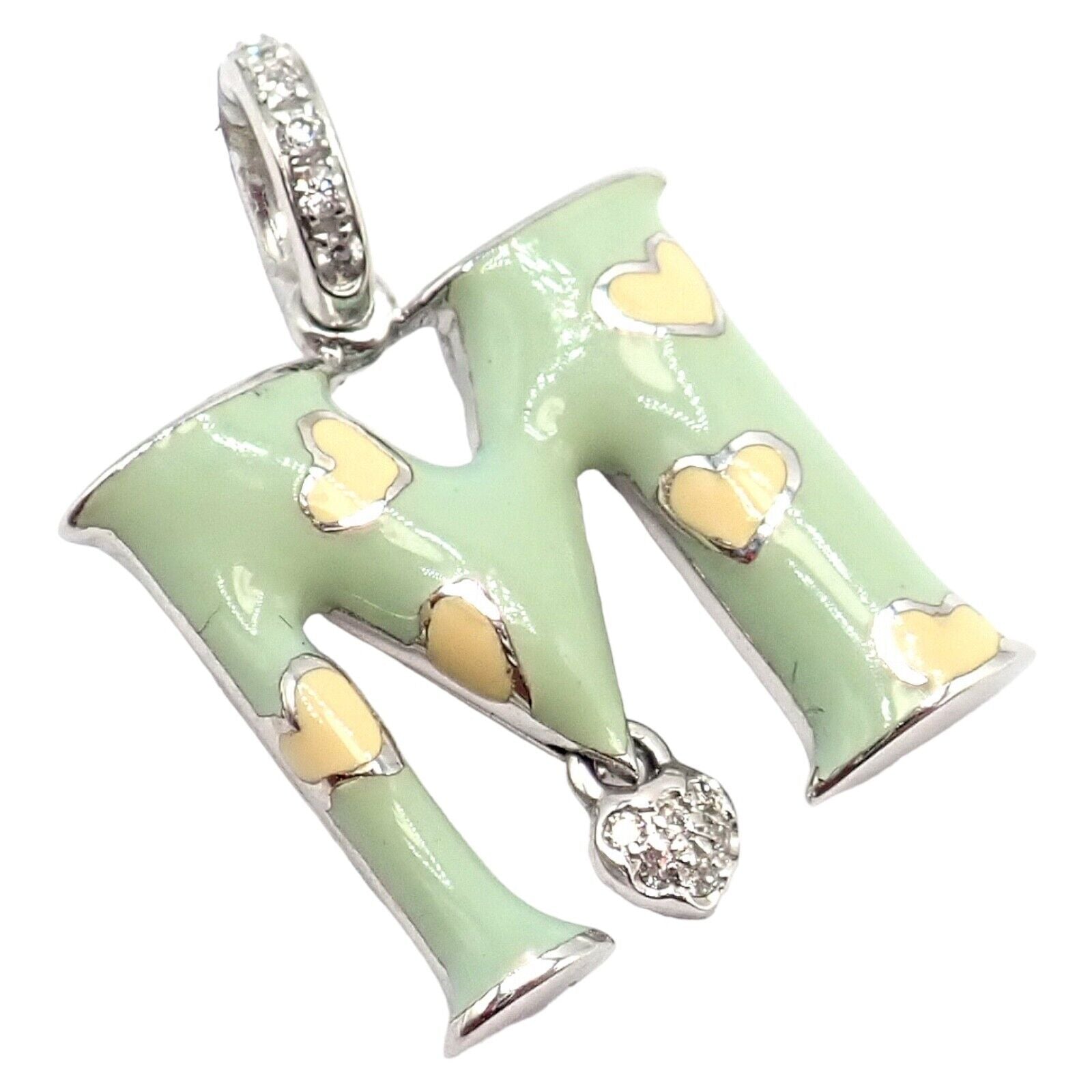 Aaron Basha 18k White Gold Diamond Green Enamel Baby M Initial Charm Pendant - Elegant Personalized Jewelry Gift for Newborns, Christening & Baby Showers