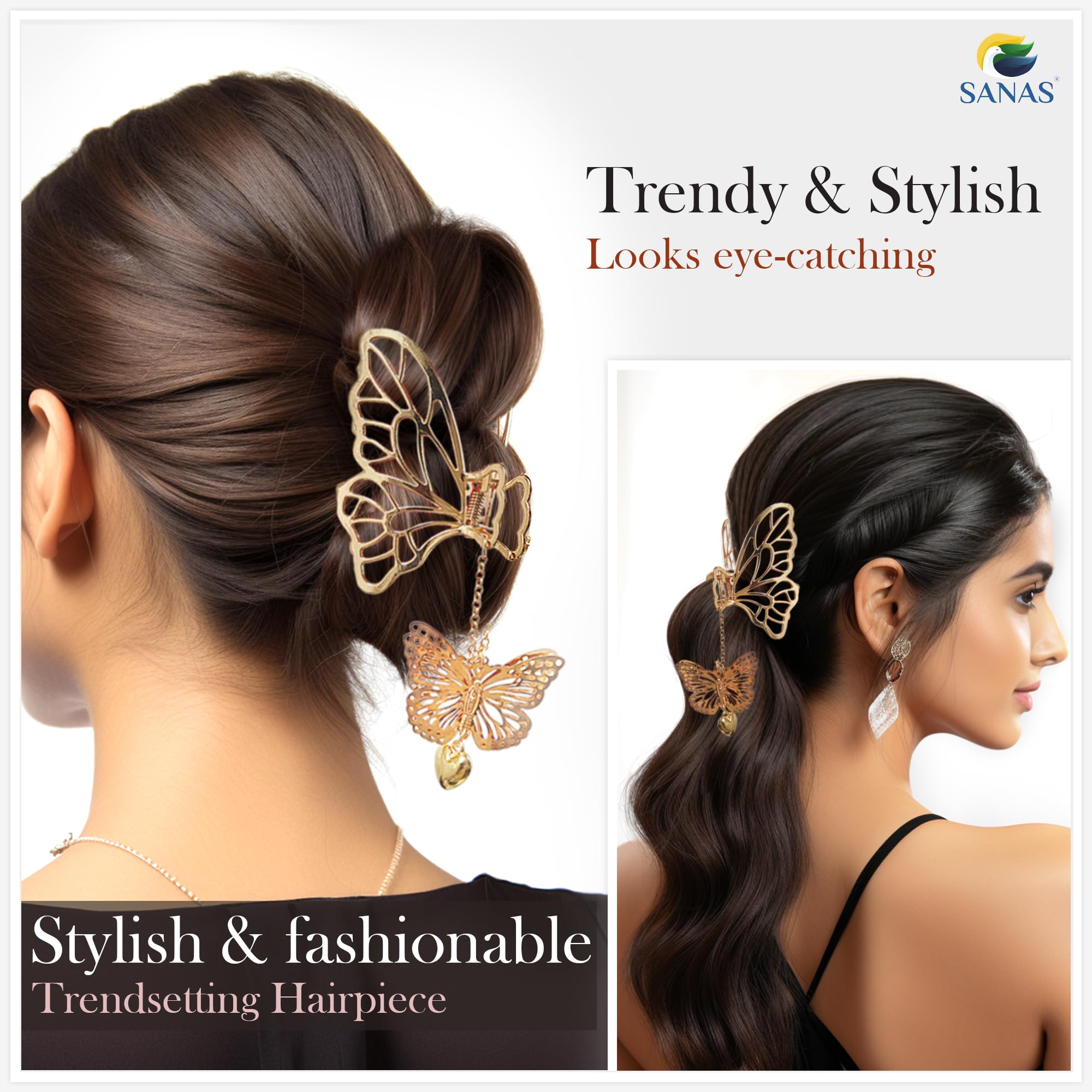 Sanas 2-Piece Pearl & Tassel Hair Clips for Women - Gold Metal Claw Clips, Butterfly Hair Clutchers - Elegant Hair Accessories for Girls & Women | Perfect for Parties, Weddings & Everyday Styling