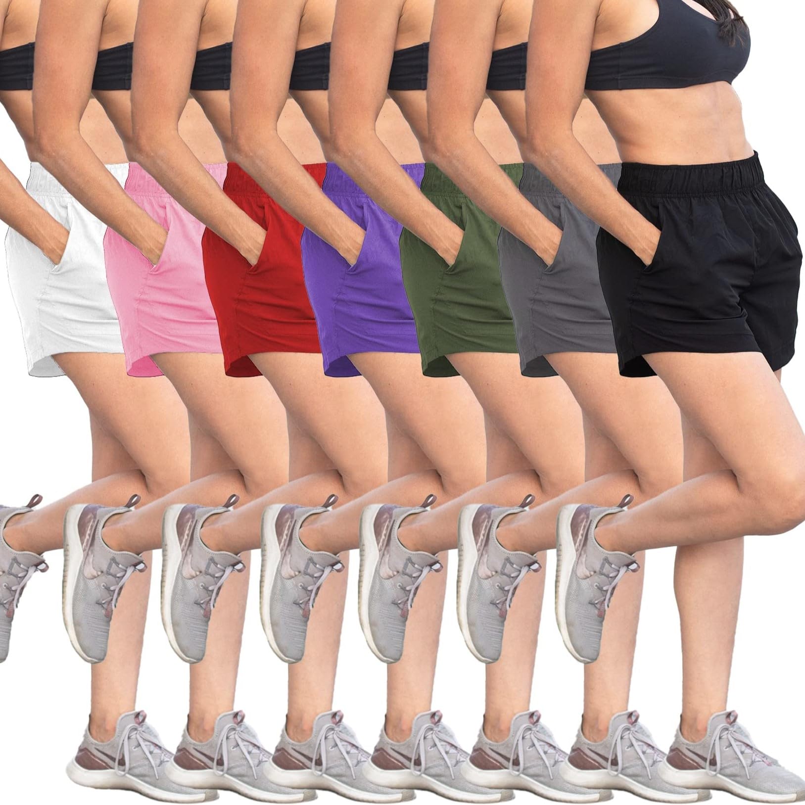Sexy Basics Women's 7 Pack Running Shorts - Quick Dry Athletic Gym Shorts with Pockets for Workout, Yoga & Lounge Wear | High Waisted Comfort Fitness Shorts for Women