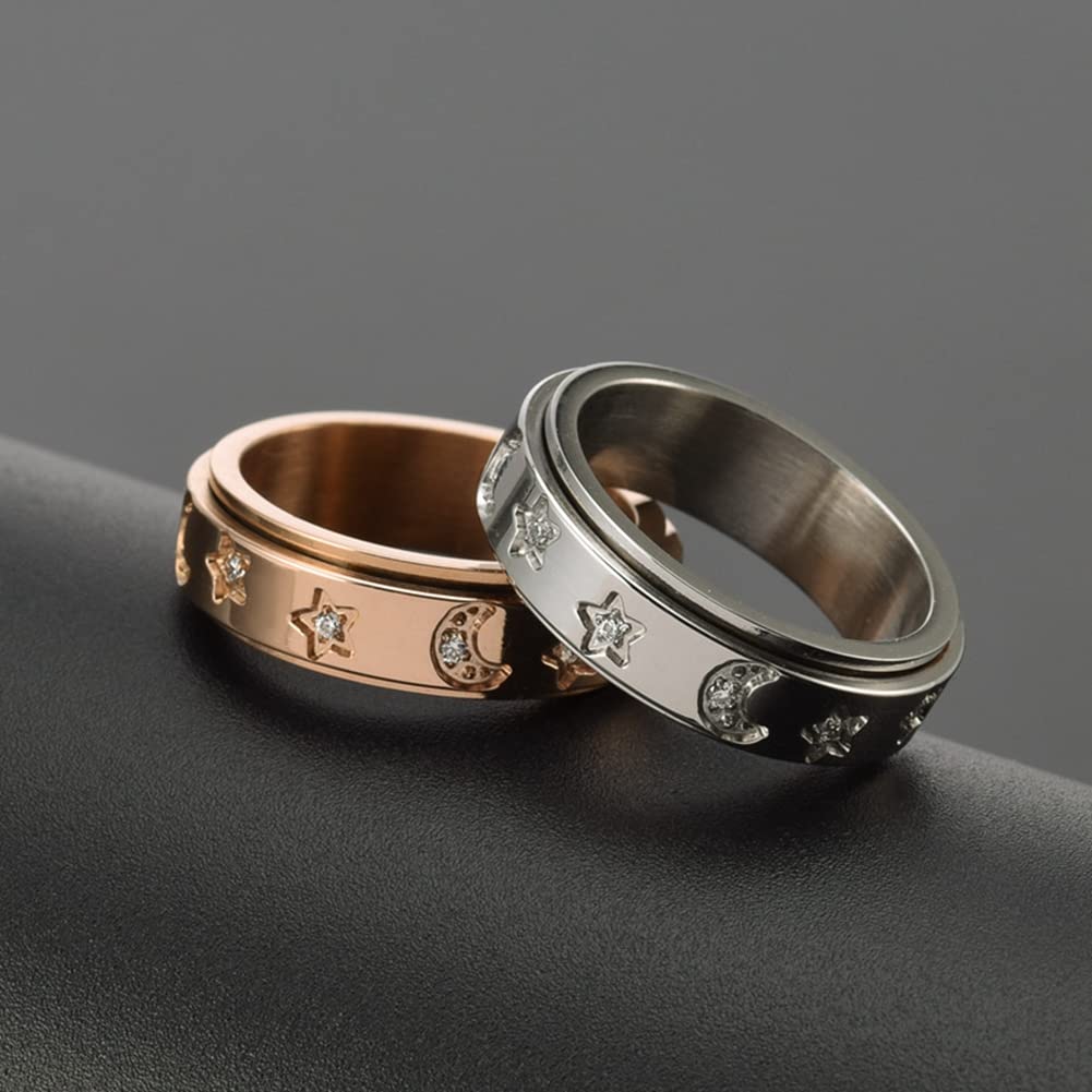 Unisex Stainless Steel Star Moon CZ Crystal Spinner Ring - Anxiety Fidget Jewelry for Stress Relief - Wedding, Engagement & Promise Band - Perfect for ADHD, Office & Everyday Wear