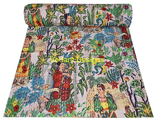 Handmade Indian Frida Kantha Quilt - Queen Size (90x108 Inches) Boho Bedspread with Frida Kahlo Print | Perfect for Bohemian Bedroom Decor, Guest Room Accent & Unique Home Gift