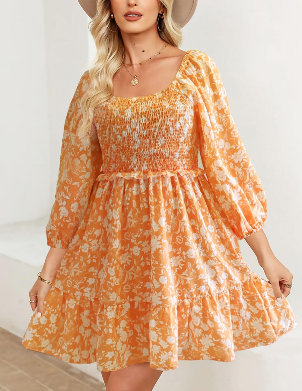 2025 Women's Summer Floral Print 3/4 Puff Sleeve Square Neck A-Line Mini Dress - Casual Swing Dress for Beach Vacation, Party & Date Night