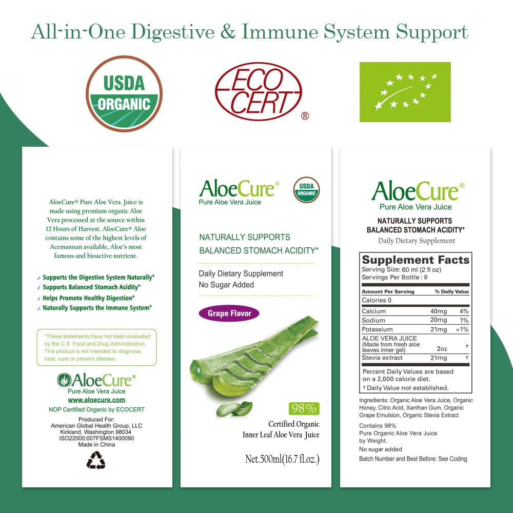 USDA Organic Aloe Vera Juice with Grape Flavor - Pure Digestive & Immune Health Supplement for Balanced Stomach Acidity | 16.7oz Bottle | Harvested & Bottled Within 12 Hours | Perfect for Daily Wellness Routine, Gut Health Support & Natural Detox