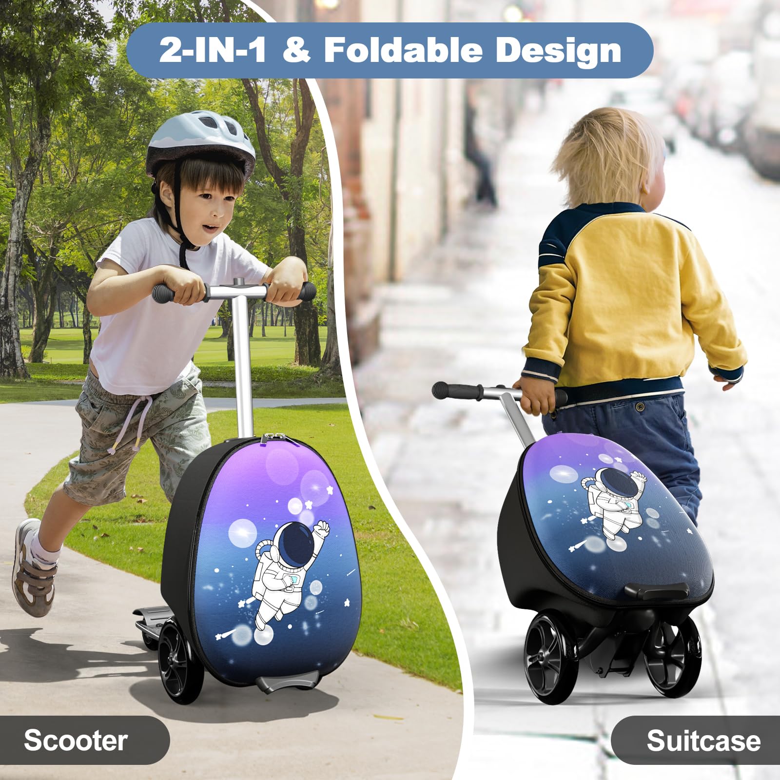 2-in-1 Kids Scooter Suitcase with LED Wheels - Ride-On Luggage for Travel, Shopping & Outdoor Adventures | Perfect for Airports, Malls & Family Vacations
