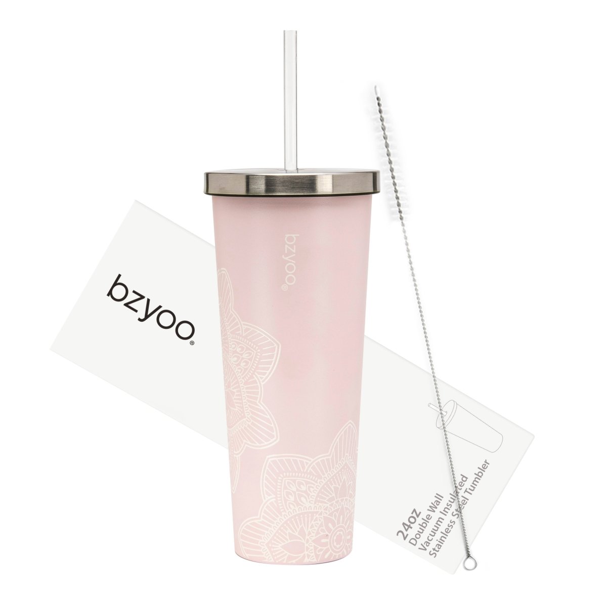 24oz Double Wall Vacuum Insulated Stainless Steel Tumbler with Straw Lid - La La Mandala Pink | Leakproof Travel Mug for Hot & Cold Drinks | Perfect for Gym, Office, Hiking & Outdoor Activities