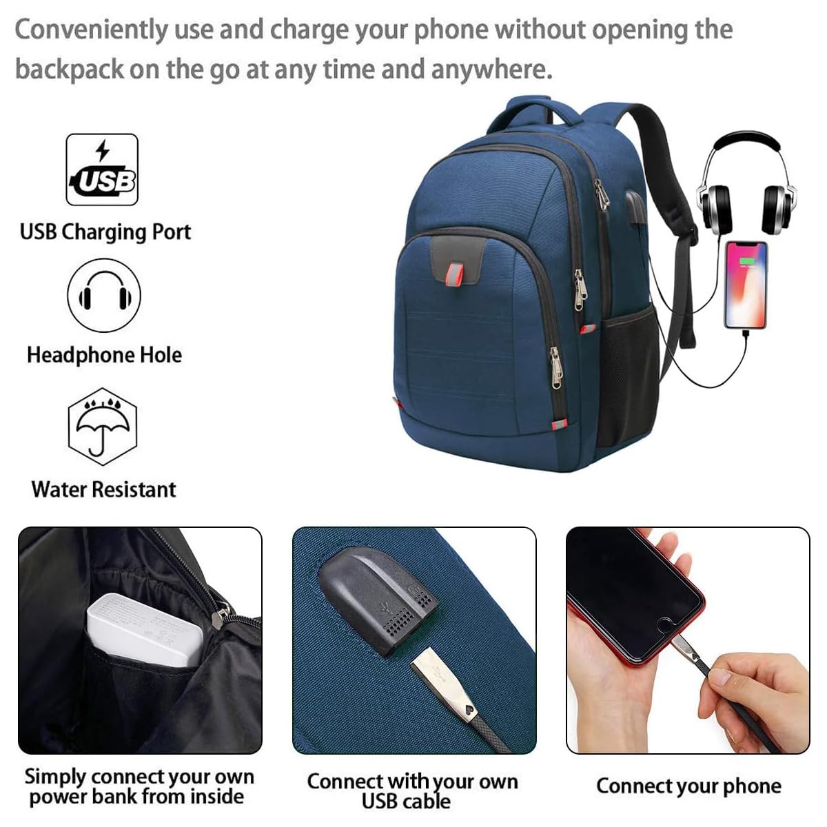 Della Gao Anti Theft Travel Laptop Backpack for Men & Women with USB Charging Port, Water Resistant Business Computer Bag Fits 17 Inch Laptop & Notebook, Blue - Perfect for Work, School & Travel