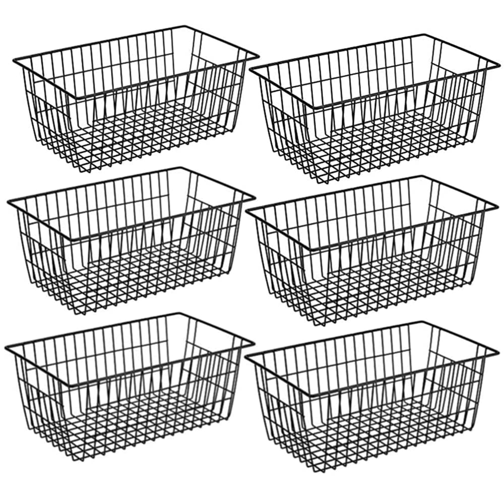 Farmhouse Wire Organizer Storage Bins - Set of 6 Durable Metal Baskets for Kitchen, Pantry, Freezer, Bathroom & Closet Organization - Rustic Black Storage Solutions for Home & Office