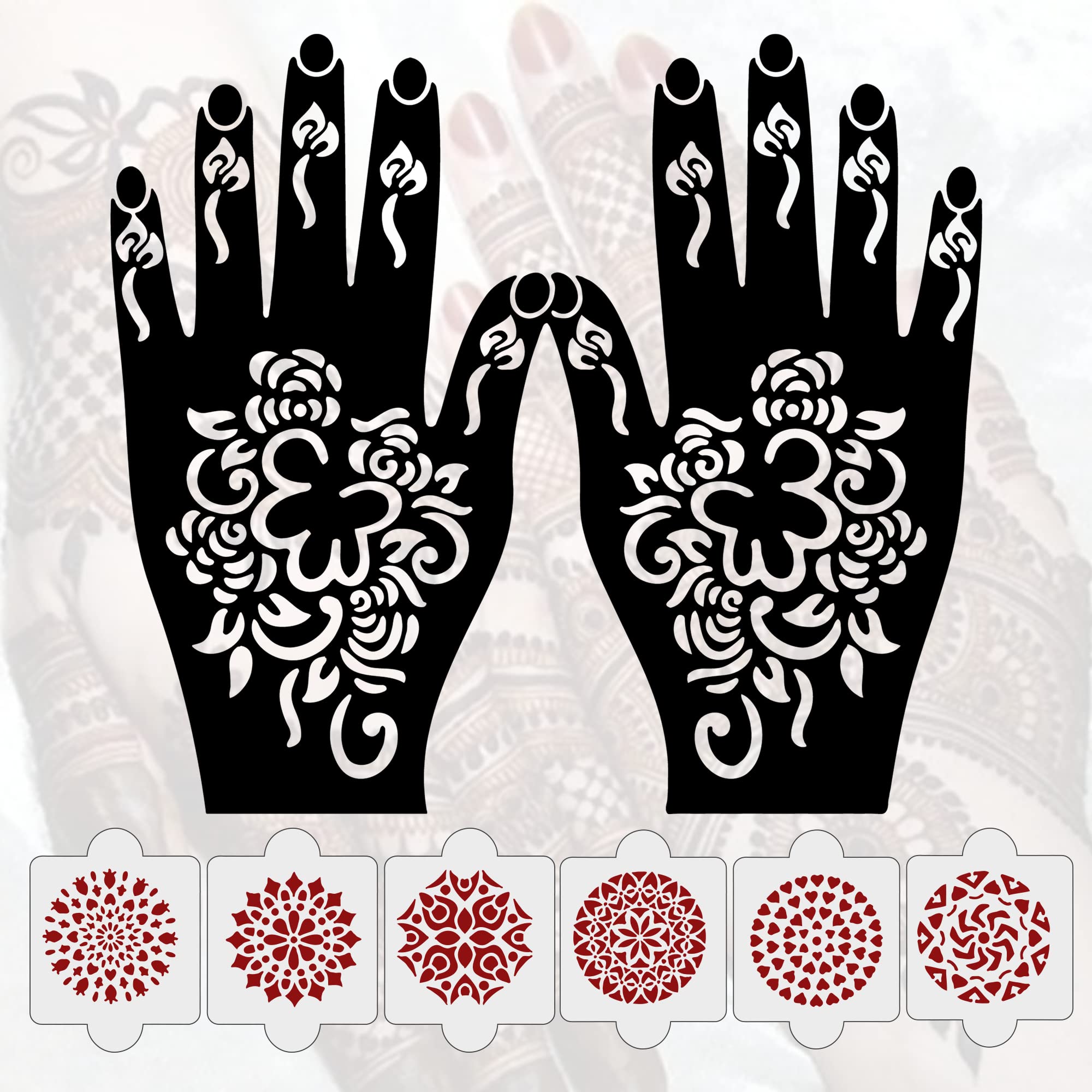 8-Piece Henna Stencil Kit - 2 Henna Tattoo Stencils + 6 Reusable PVC Laser-Cut Mehndi Stickers for Hands | Easy Application for Women, Girls & Kids | Perfect for Weddings, Festivals & DIY Body Art (IVNH-1112)
