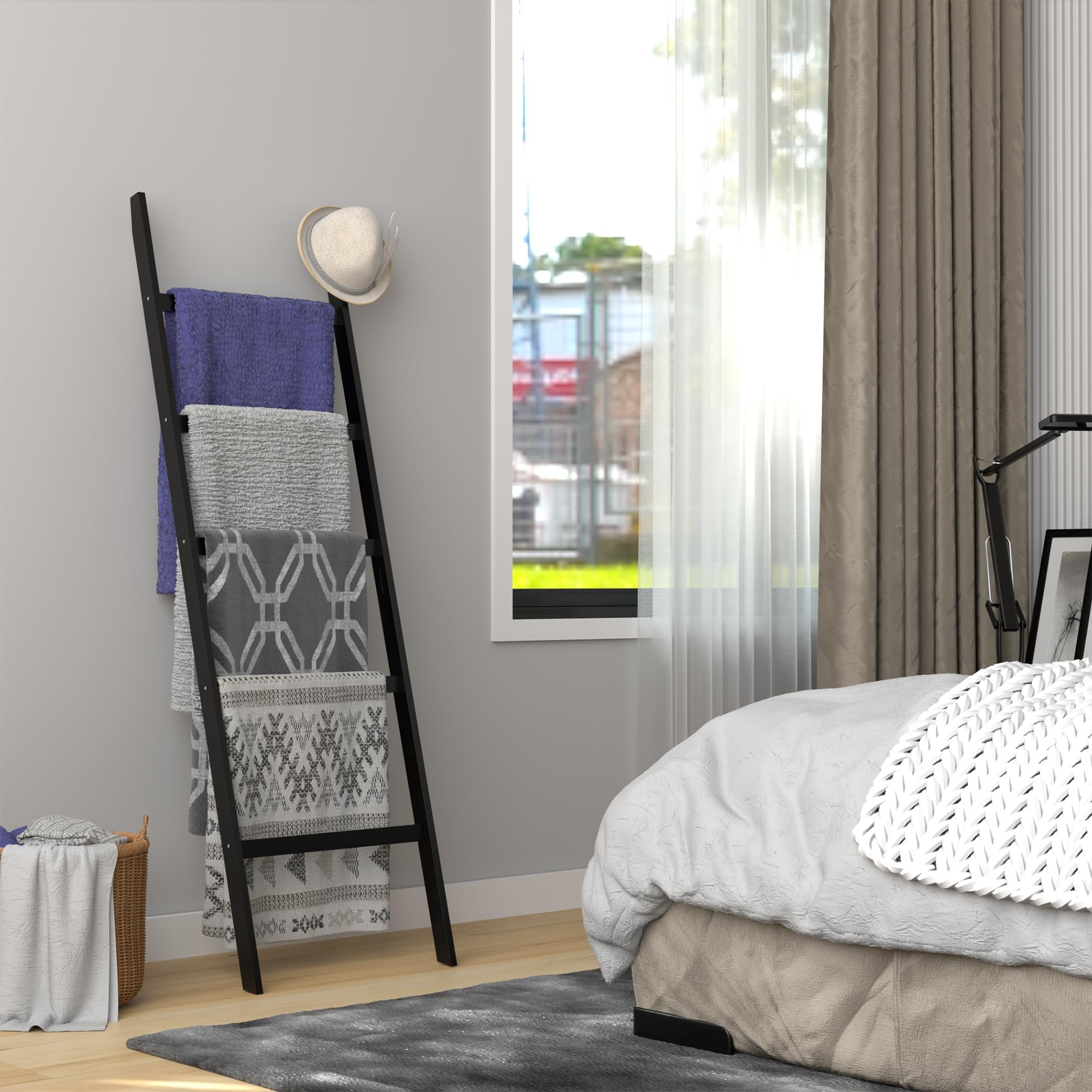 5-Tier Blanket Ladder with Anti-Slip Design - Decorative Towel Rack & Quilt Holder for Living Room, Bedroom, Bathroom - Perfect for Organizing Blankets, Towels, Scarves and Home Decor (Black)