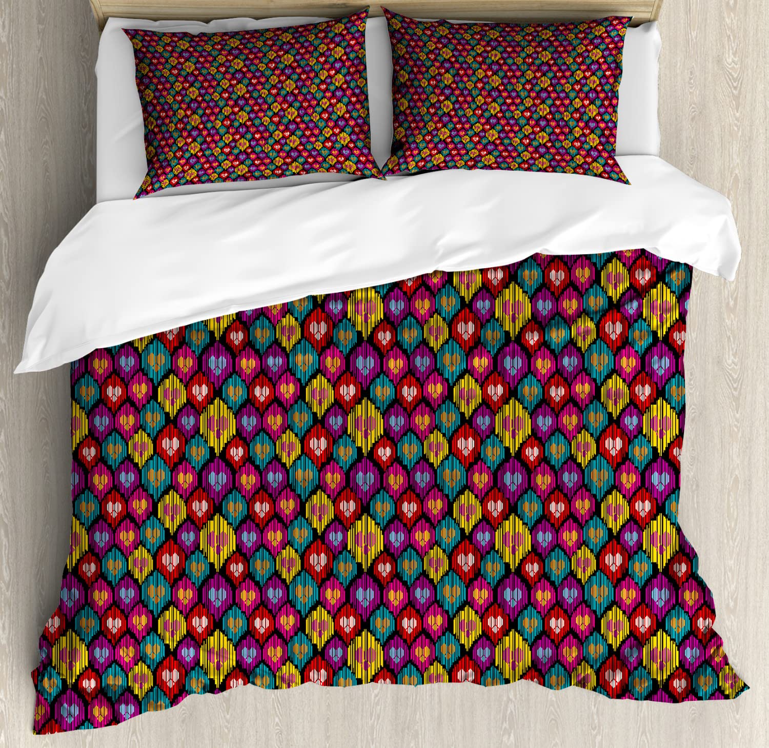 Ambesonne Ikat Duvet Cover Set - Bohemian Kazakhstan Motifs with Colorful Heart & Line Patterns, 2-Pack Cal King Size (2 Duvet Covers + 4 Pillowcases) - Vibrant Multicolor Bedding for Bohemian & Eclectic Home Decor