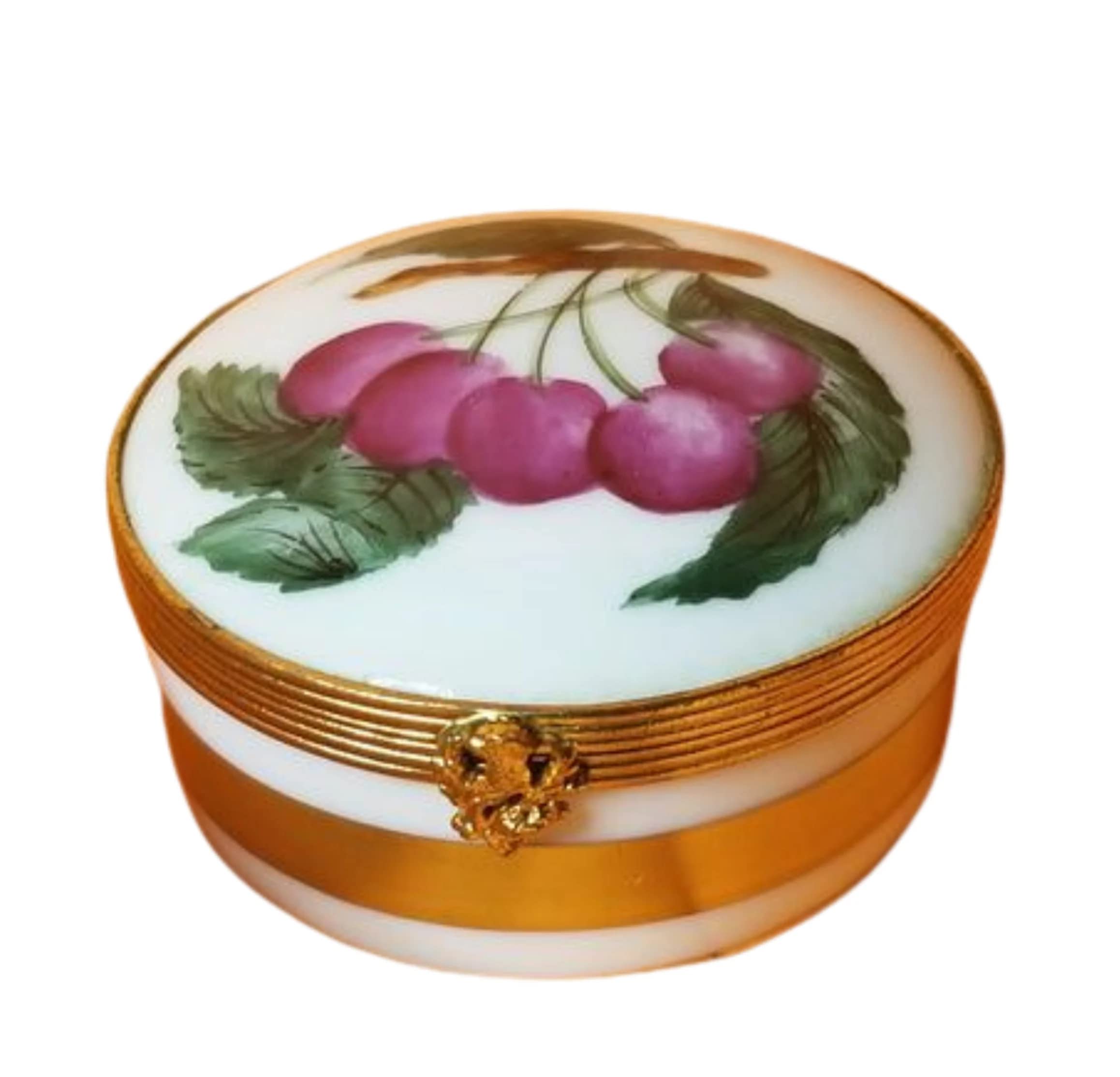 Vintage Limoges Porcelain Box with Cherry & Brass Stem - Hand-Painted Fruit Design - Collectible French Trinket Box for Jewelry Storage & Home Decor
