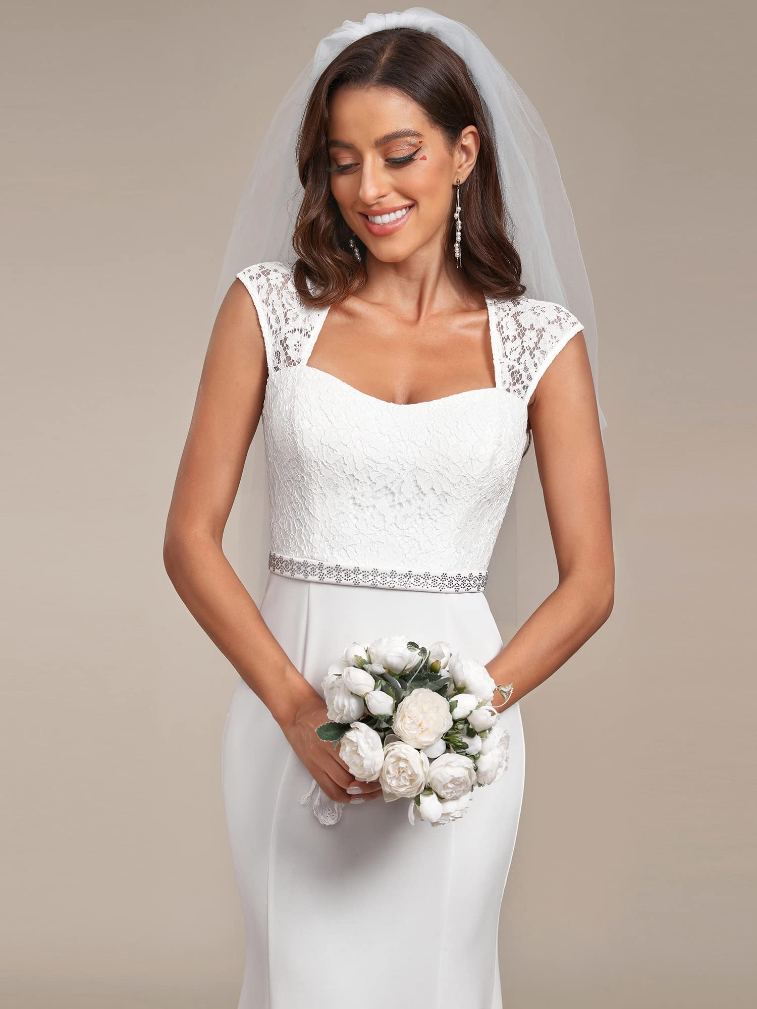 Ever-Pretty Women's Elegant Lace Cap Sleeve V-Neck Beaded Mermaid Wedding Dress for Bride - Perfect for Beach, Church, and Formal Wedding Ceremonies