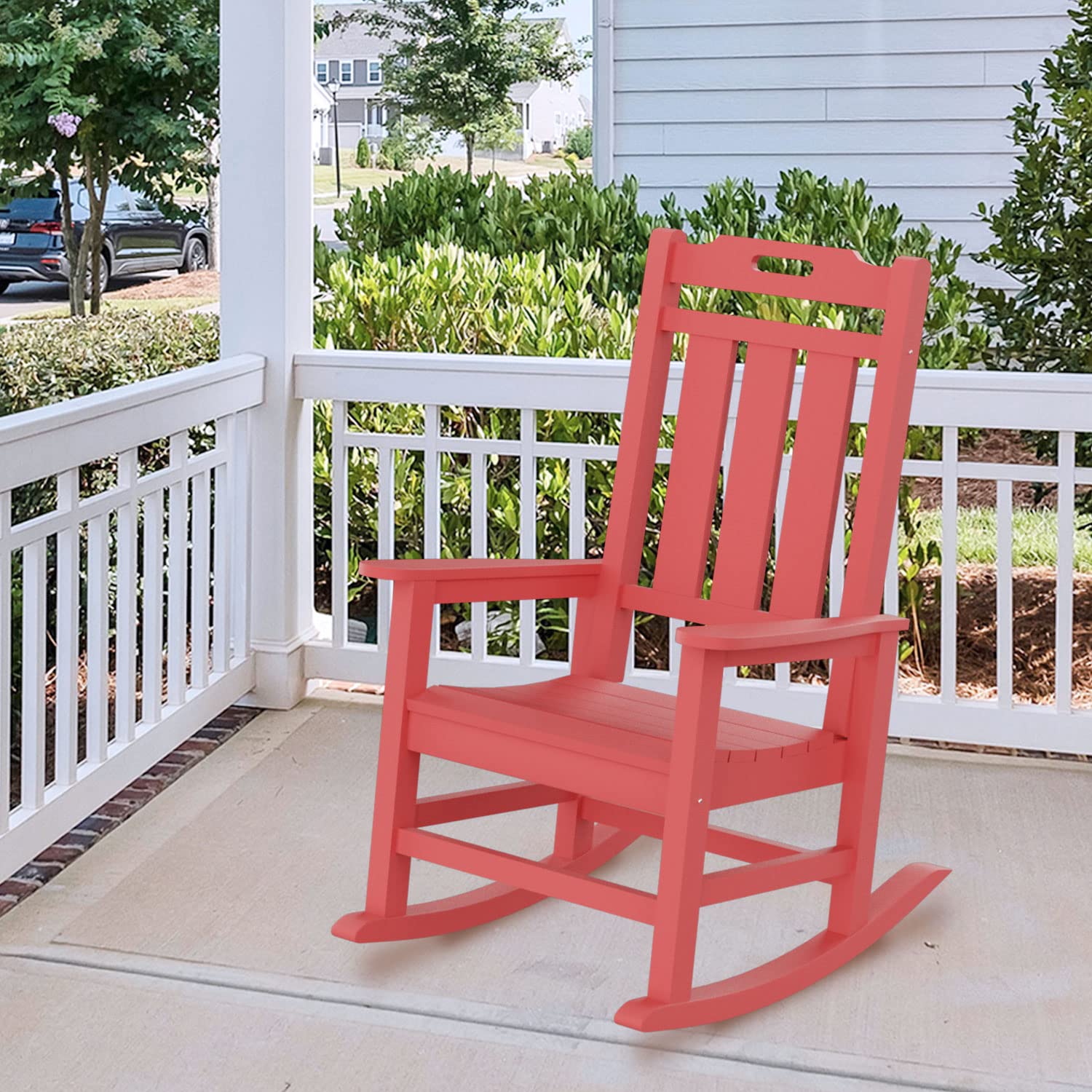 Yoluckea All Weather Resistant Wood Rocking Chair for Patio, Backyard & Porch - Outdoor & Indoor Use with Comfortable Armrests (Red) - Perfect for Relaxing, Reading & Enjoying Nature