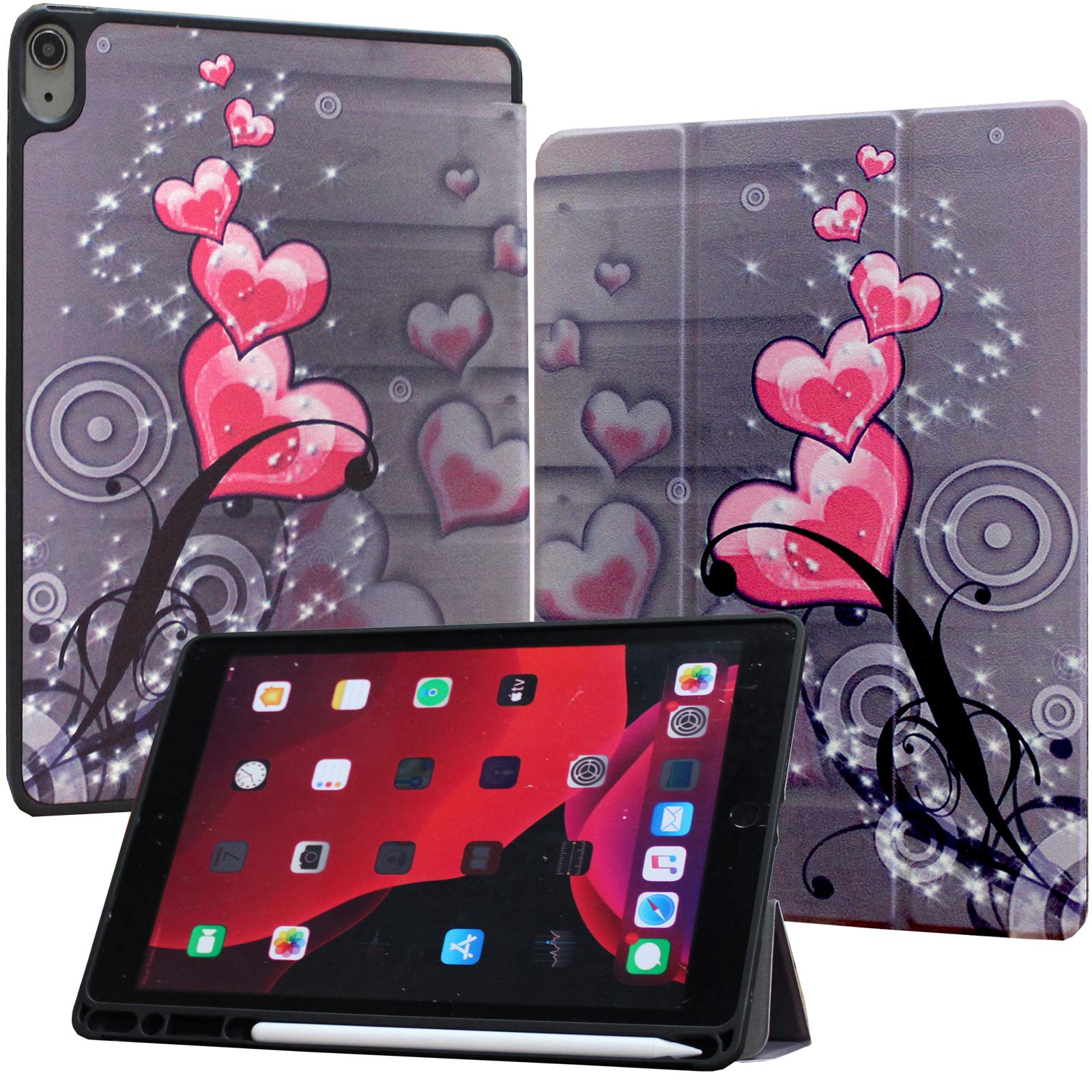 Shockproof Trifold Stand Smart Case for iPad Air 5th Gen 2022 & 4th Gen 2020 (10.9 inch) - Protective Cover for Models A2588/A2589/A2591/A2316/A2324/A2072 with Heart Flower Design | Perfect for Work, Study & Travel
