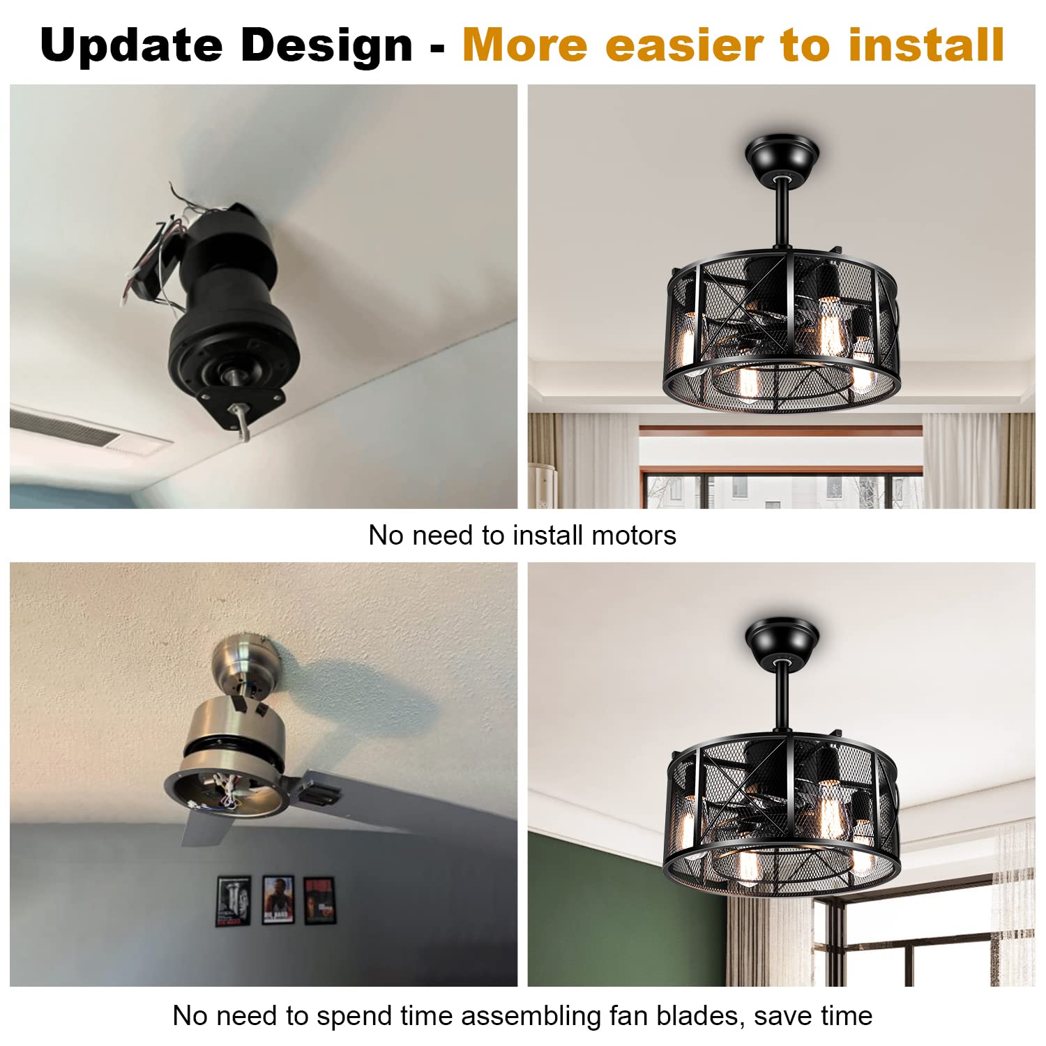 LEDMO Caged Ceiling Fan with Light & Remote - Adjustable Speed Black Industrial Fan for Kitchen, Bedroom, Farmhouse