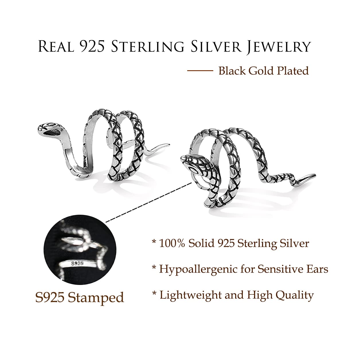 925 Sterling Silver Snake Cuff Earrings for Women & Teens - No Piercing Wrap Around Ear Cuffs - Boho Chic Jewelry for Parties, Concerts & Everyday Wear