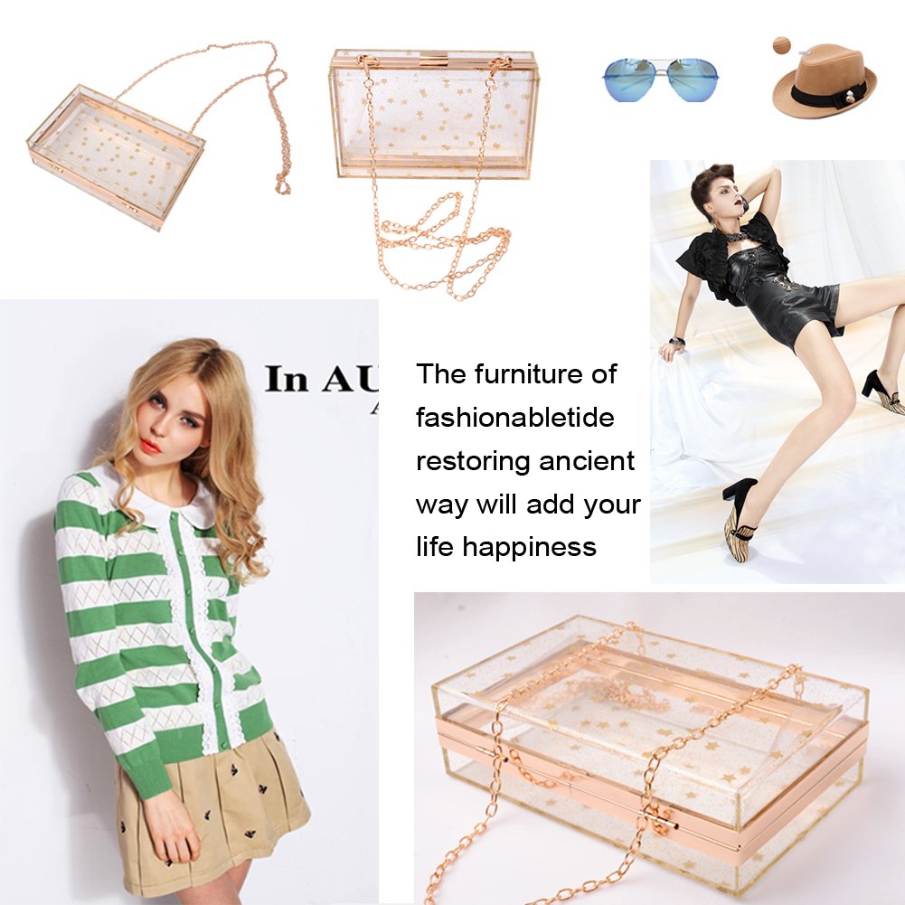 Women's Acrylic Transparent Gold Star Evening Clutch Purse - Vintage Banquet Handbag for Parties, Weddings & Formal Events (Clear)