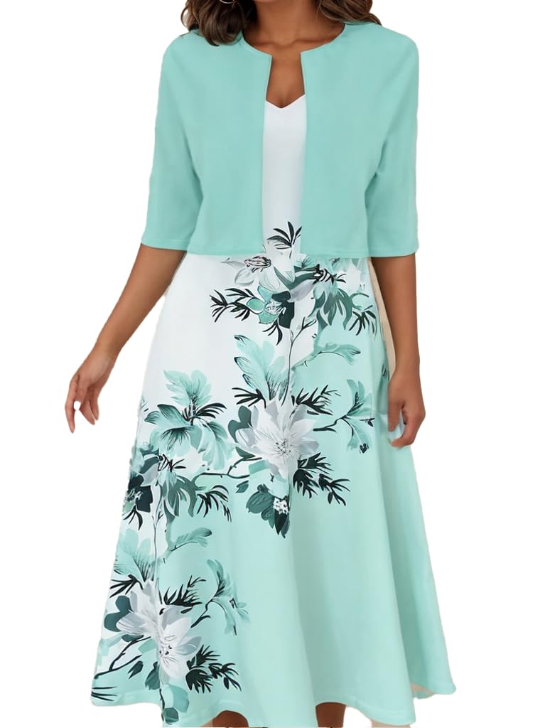 TIAFORD Women's Floral Print Dress with Jacket - Casual Two Piece Set, Sleeveless Wedding Guest Dress, Flowy Vacation Outfit for Summer 2024 | Perfect for Beach Parties, Bridal Showers & Outdoor Events