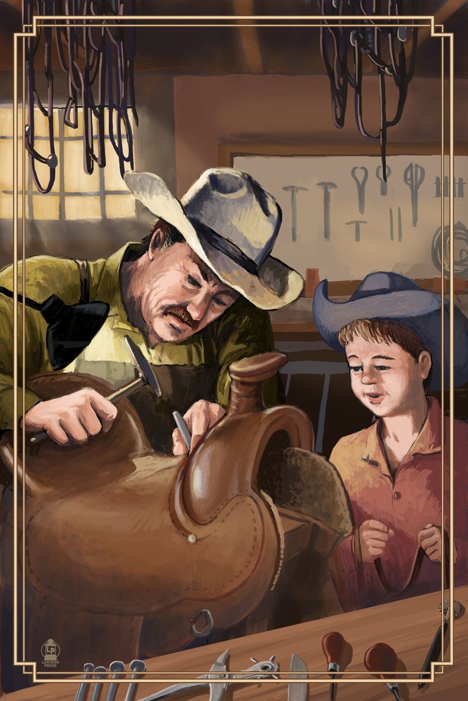 Cowboy Saddle Maker - 36x54 Giclee Gallery Art Print - Vivid Textured Western Wall Decor - Perfect for Ranch, Cabin & Southwestern Home Decor