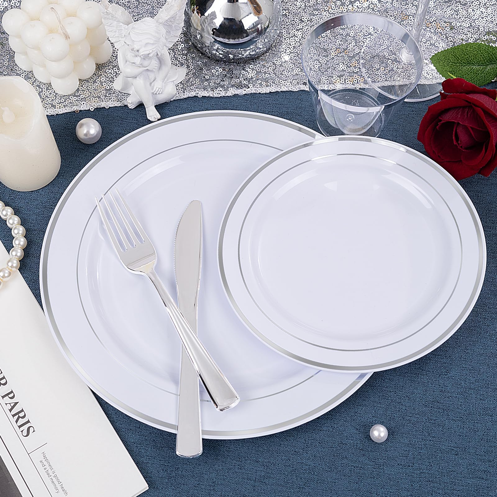 150-Piece Silver Plastic Disposable Dinnerware Set - Includes 25 Dinner Plates, 25 Salad Plates, 25 Forks, 25 Knives & 25 Spoons with 25 Napkins - Perfect for Parties, Catering & Outdoor Events