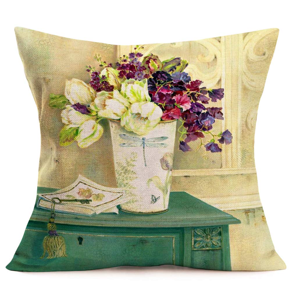 Xihomeli 18x18 Inch Floral Printed Cotton Linen Pillow Covers Set of 4 - Antique Chic Flower & Vase Design Throw Pillow Cases for Sofa, Couch, Bedroom Decor (Beige, 4-Pack) | Perfect for Living Room, Bedroom & Home Styling