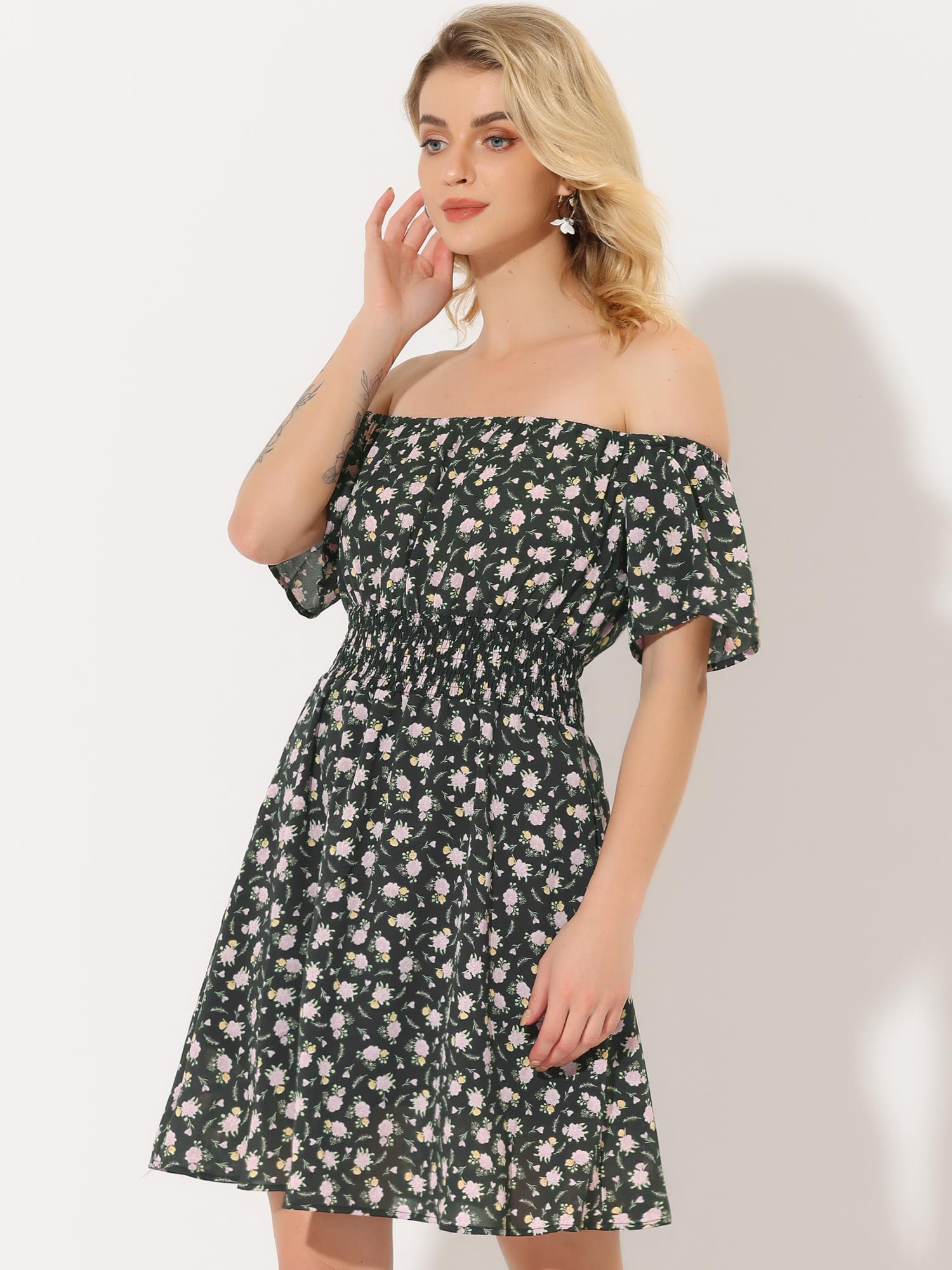 Allegra K Women's Summer Floral Off Shoulder Chiffon Smocked Short Dress - Casual Beach Wear, Party Outfit & Vacation Dress