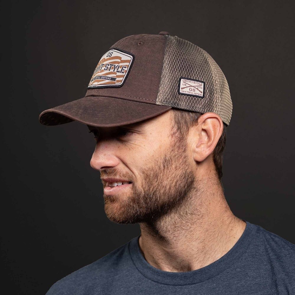 Old Glory Patch Mesh Hat - Adjustable Brown Washed Baseball Cap for Men & Women - Perfect for Outdoor Activities, Sports, and Casual Wear