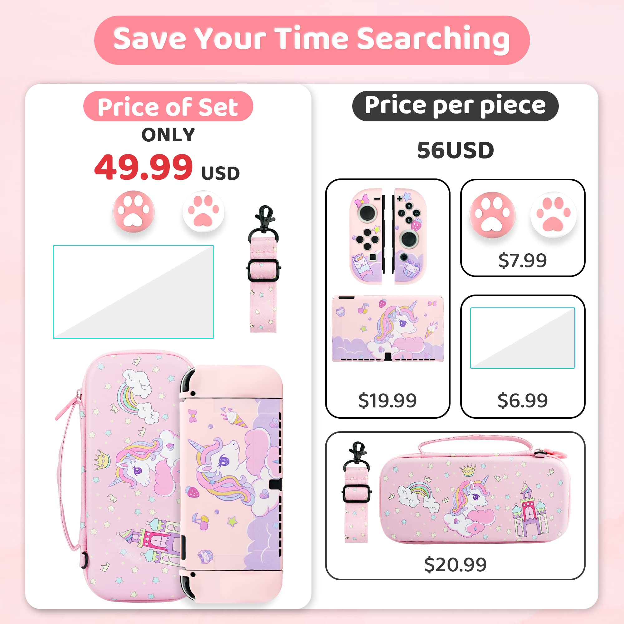 **Pink Unicorn Nintendo Switch OLED Travel Carrying Case - Slim Portable Storage Bag with Soft TPU Cover, Shoulder Strap, Screen Protector & 2 Thumb Caps - Perfect for Gaming On-The-Go & Travel Accessories**