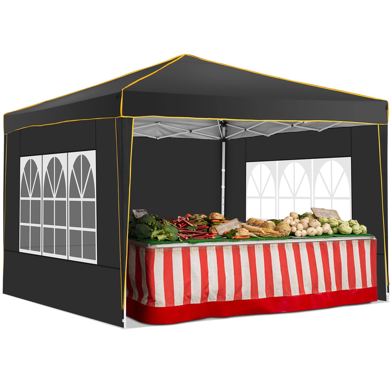 COBIZI 10x10 Pop Up Canopy Tent - Portable Instant Shelter with 4 Sidewalls, Carry Bag, Stakes & Ropes - Perfect for Beach Camping, Backyard Parties, Outdoor Events, Farmers Markets & Sun Protection (Black)